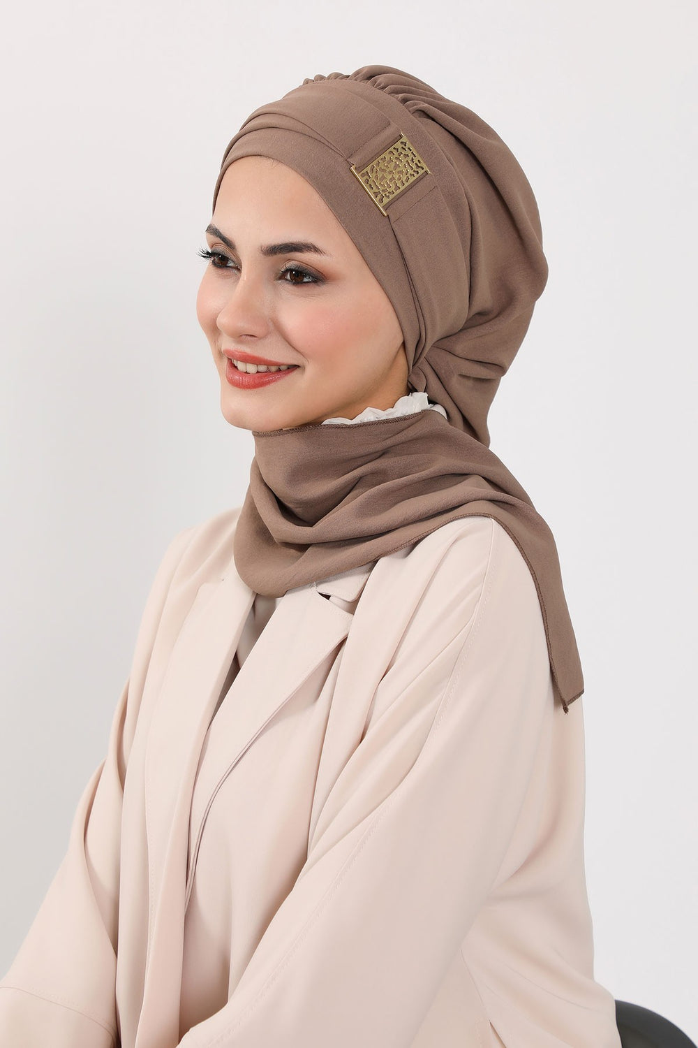Modest Fashion Instant Aerobin Turban with Leopard Pattern Accessory, Pre-Tied Aerobin Hijab with Chic Metal Accessory,HT-11A Chocolate