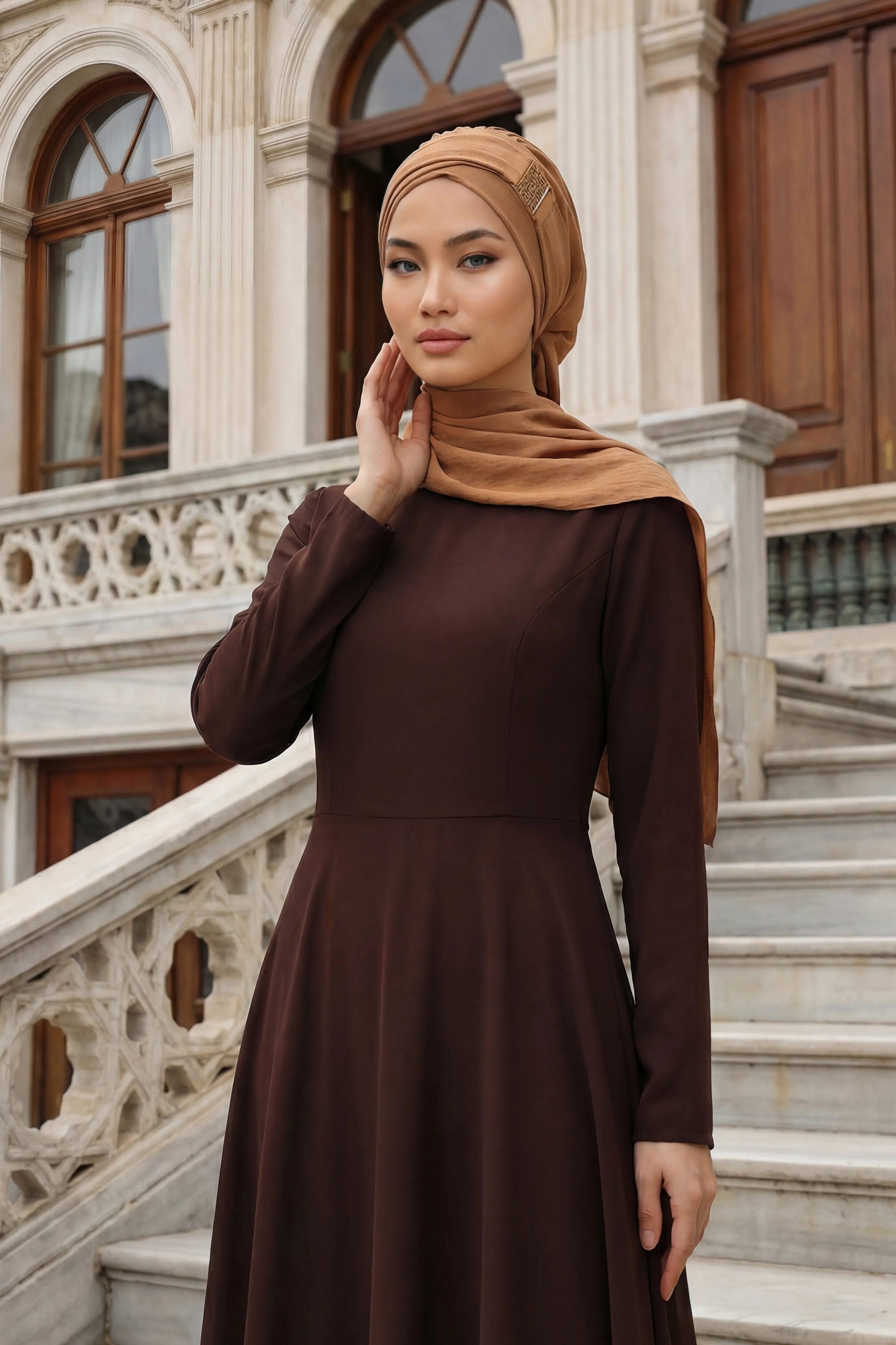 Modest Fashion Instant Aerobin Turban with Leopard Pattern Accessory, Pre-Tied Aerobin Hijab with Chic Metal Accessory,HT-11A Camel
