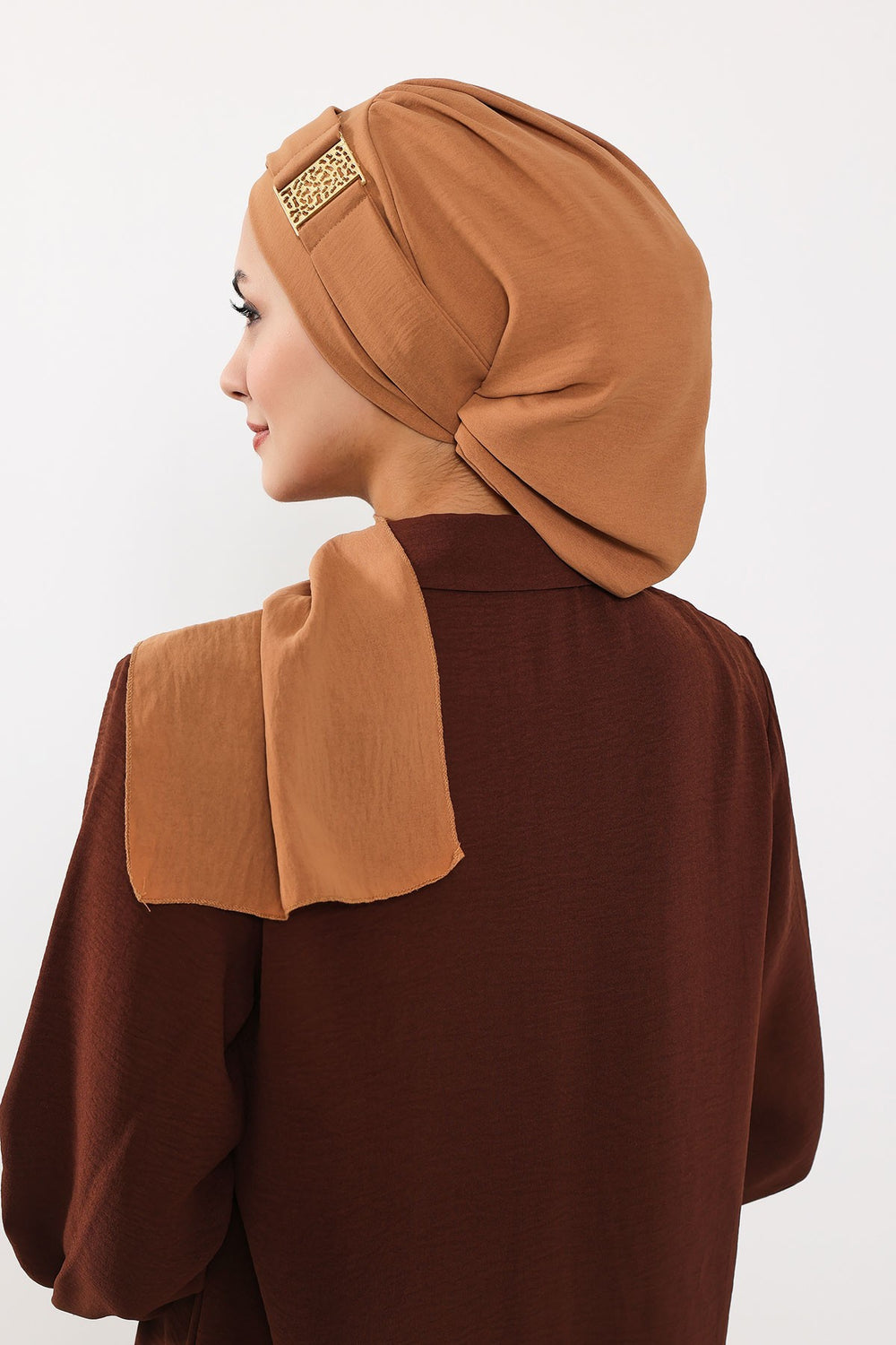 Modest Fashion Instant Aerobin Turban with Leopard Pattern Accessory, Pre-Tied Aerobin Hijab with Chic Metal Accessory,HT-11A Camel