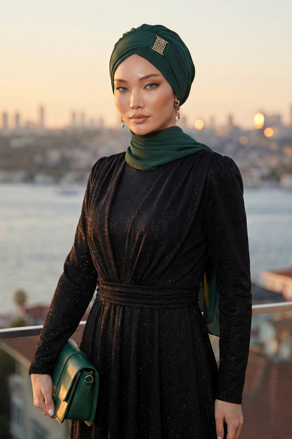 Modest Fashion Instant Aerobin Turban with Leopard Pattern Accessory, Pre-Tied Aerobin Hijab with Chic Metal Accessory,HT-11A Dark Green