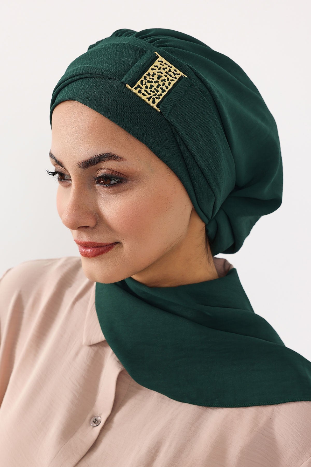 Modest Fashion Instant Aerobin Turban with Leopard Pattern Accessory, Pre-Tied Aerobin Hijab with Chic Metal Accessory,HT-11A Dark Green