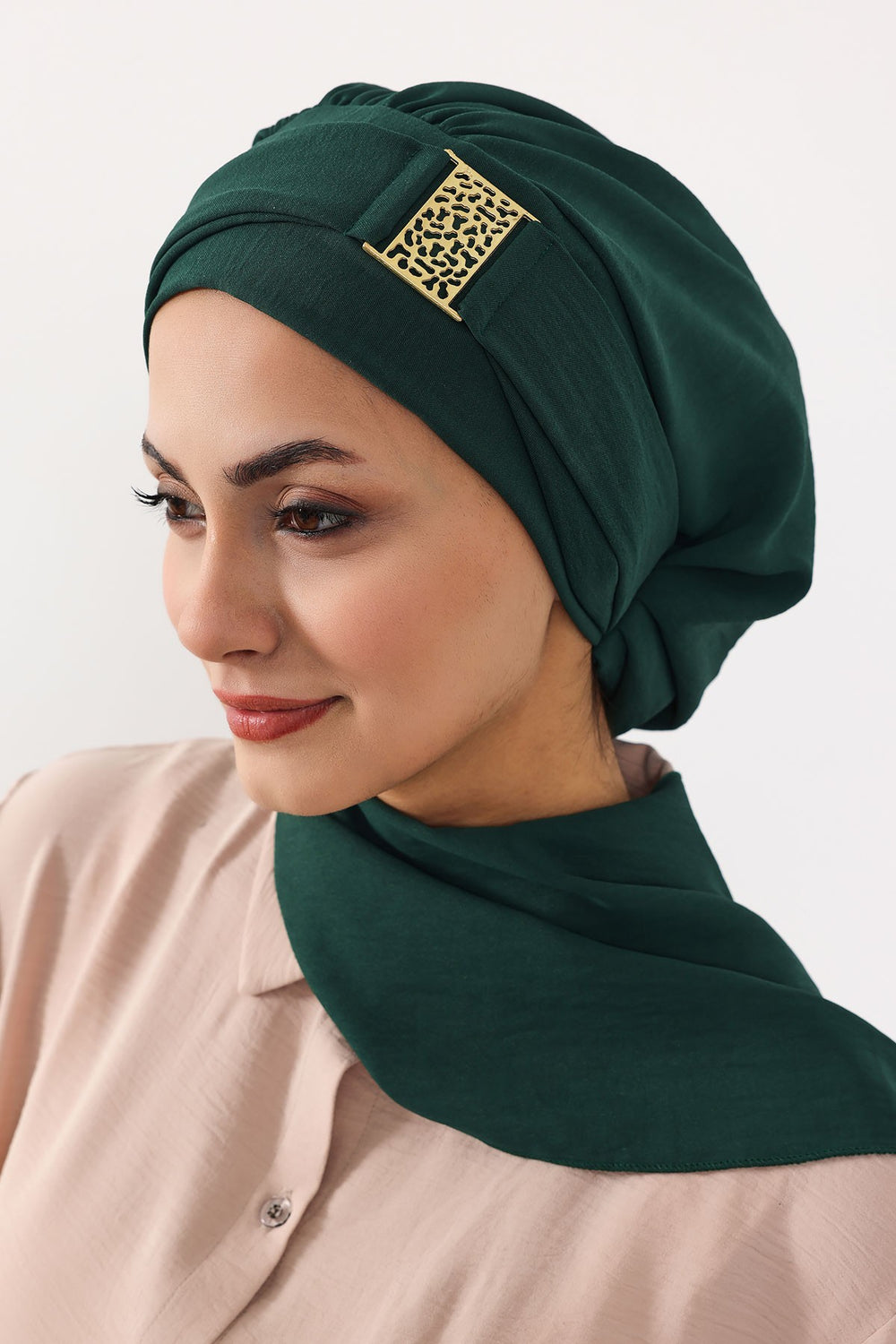 Modest Fashion Instant Aerobin Turban with Leopard Pattern Accessory, Pre-Tied Aerobin Hijab with Chic Metal Accessory,HT-11A Dark Green