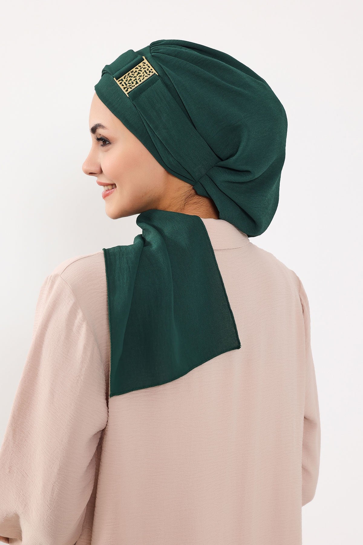 Modest Fashion Instant Aerobin Turban with Leopard Pattern Accessory, Pre-Tied Aerobin Hijab with Chic Metal Accessory,HT-11A Dark Green