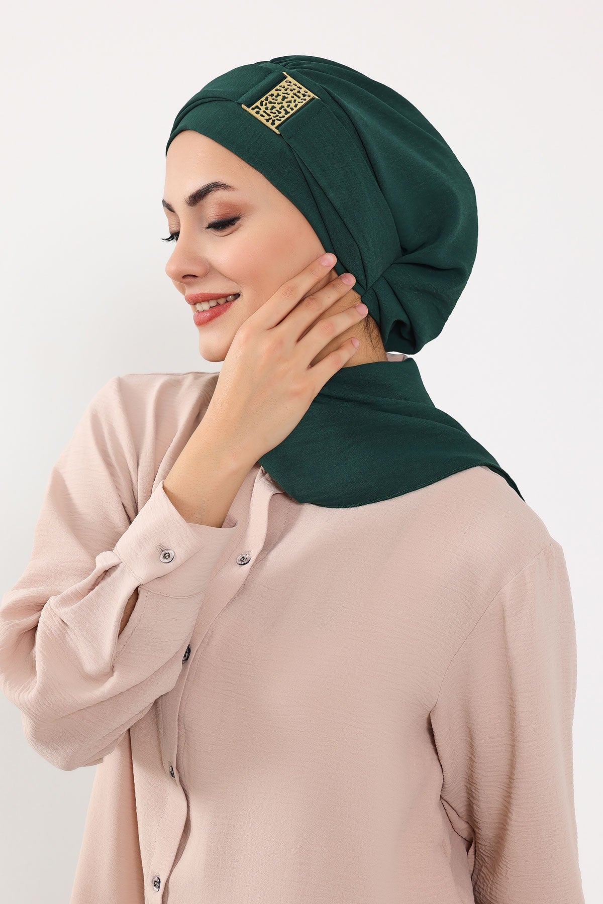 Modest Fashion Instant Aerobin Turban with Leopard Pattern Accessory, Pre-Tied Aerobin Hijab with Chic Metal Accessory,HT-11A Dark Green