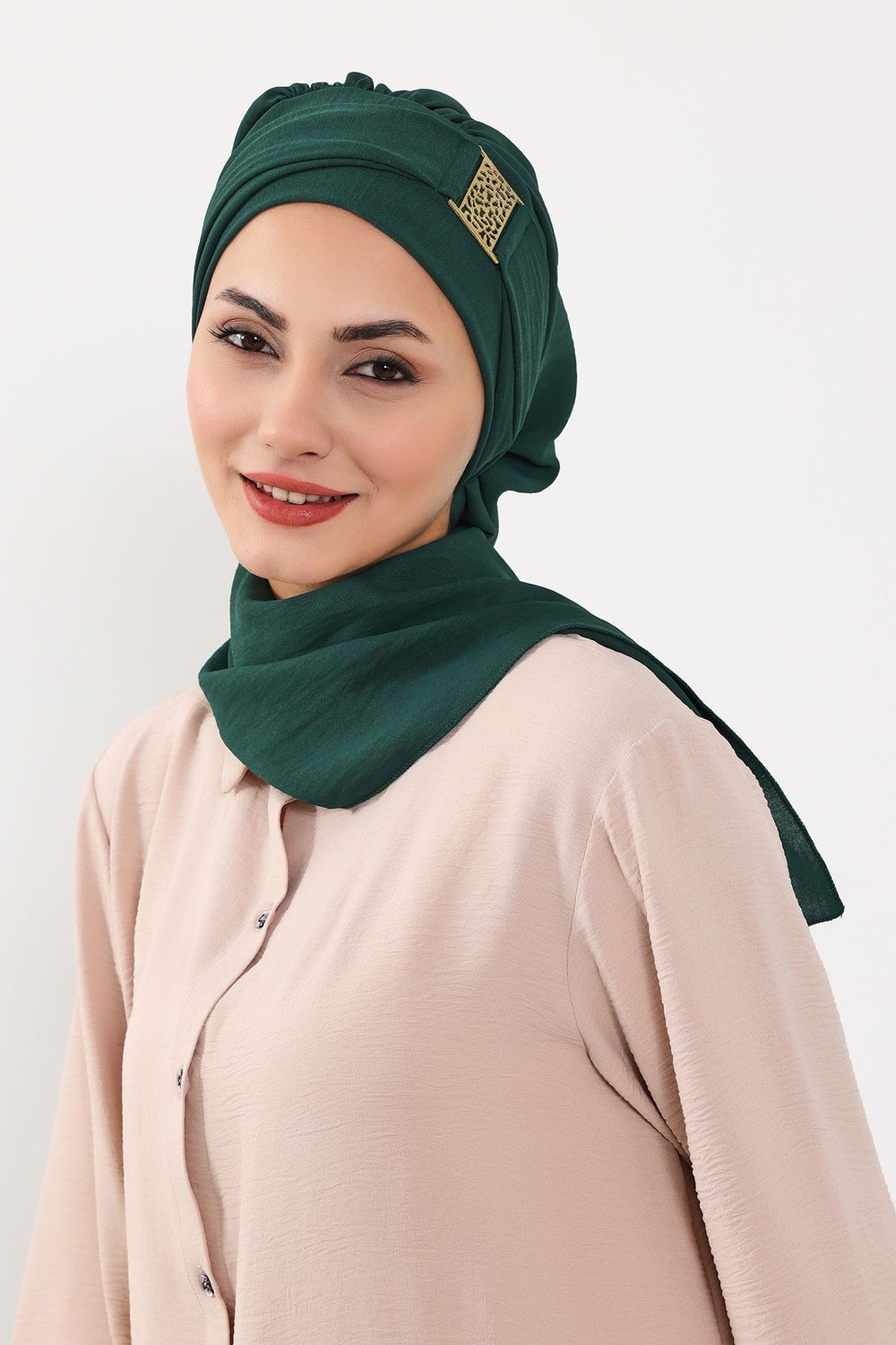 Modest Fashion Instant Aerobin Turban with Leopard Pattern Accessory, Pre-Tied Aerobin Hijab with Chic Metal Accessory,HT-11A Dark Green