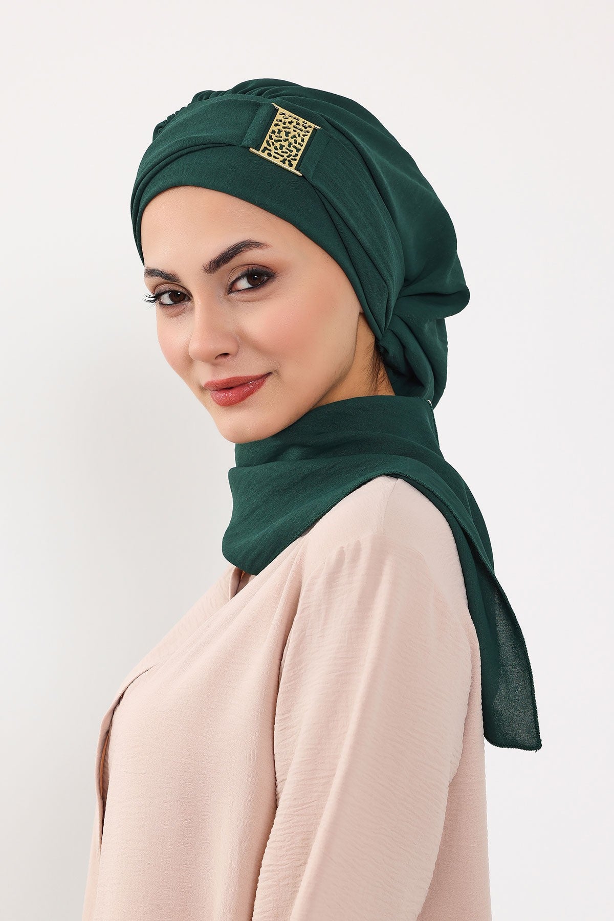 Modest Fashion Instant Aerobin Turban with Leopard Pattern Accessory, Pre-Tied Aerobin Hijab with Chic Metal Accessory,HT-11A Dark Green
