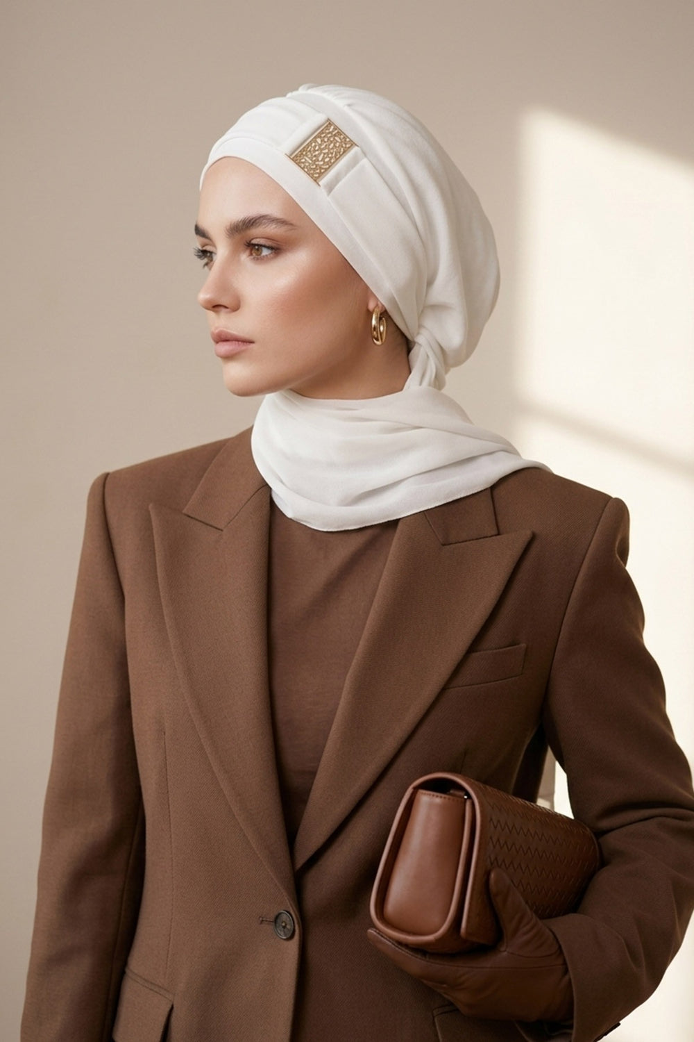 Modest Fashion Instant Aerobin Turban with Leopard Pattern Accessory, Pre-Tied Aerobin Hijab with Chic Metal Accessory,HT-11A Ecru
