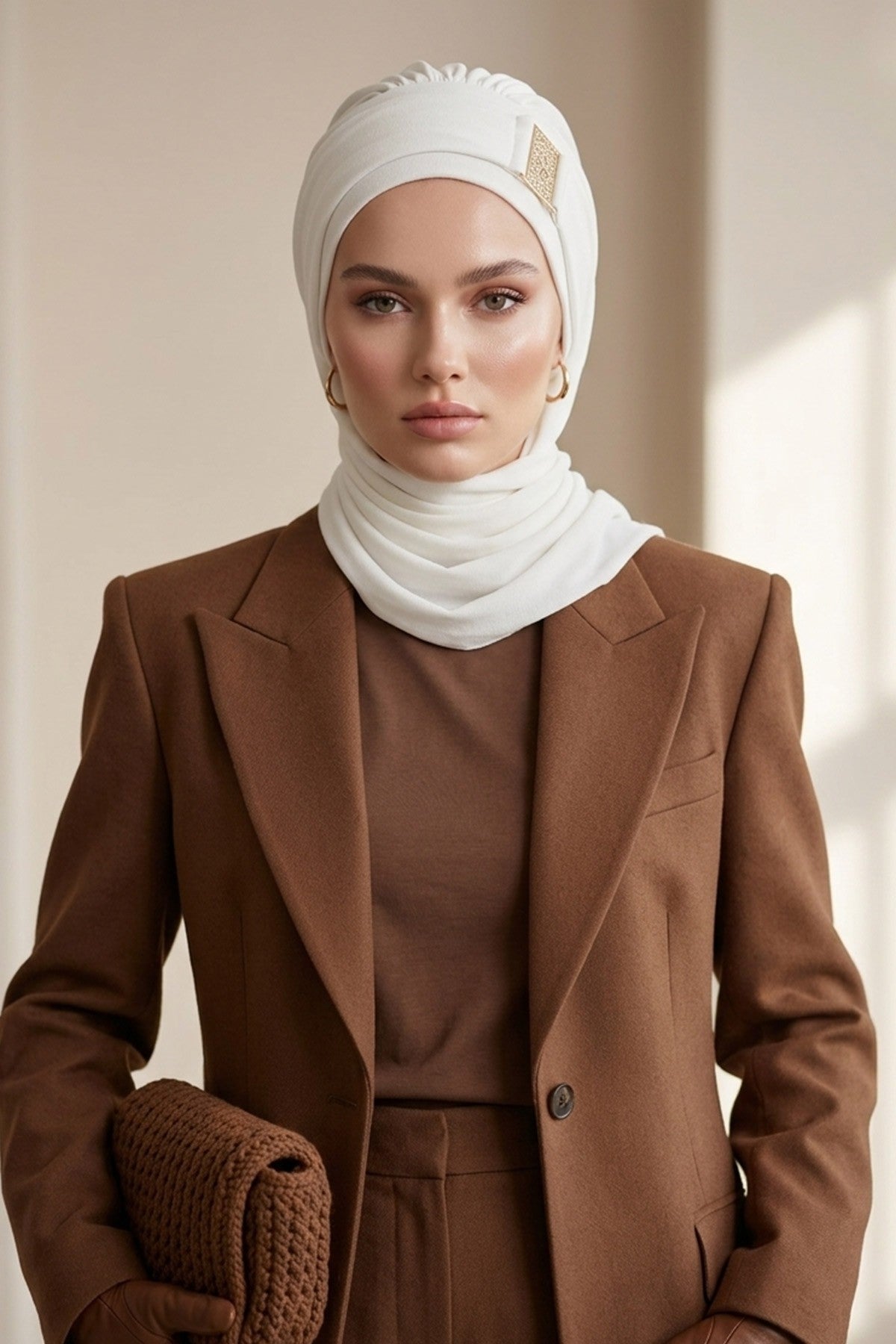 Modest Fashion Instant Aerobin Turban with Leopard Pattern Accessory, Pre-Tied Aerobin Hijab with Chic Metal Accessory,HT-11A Ecru