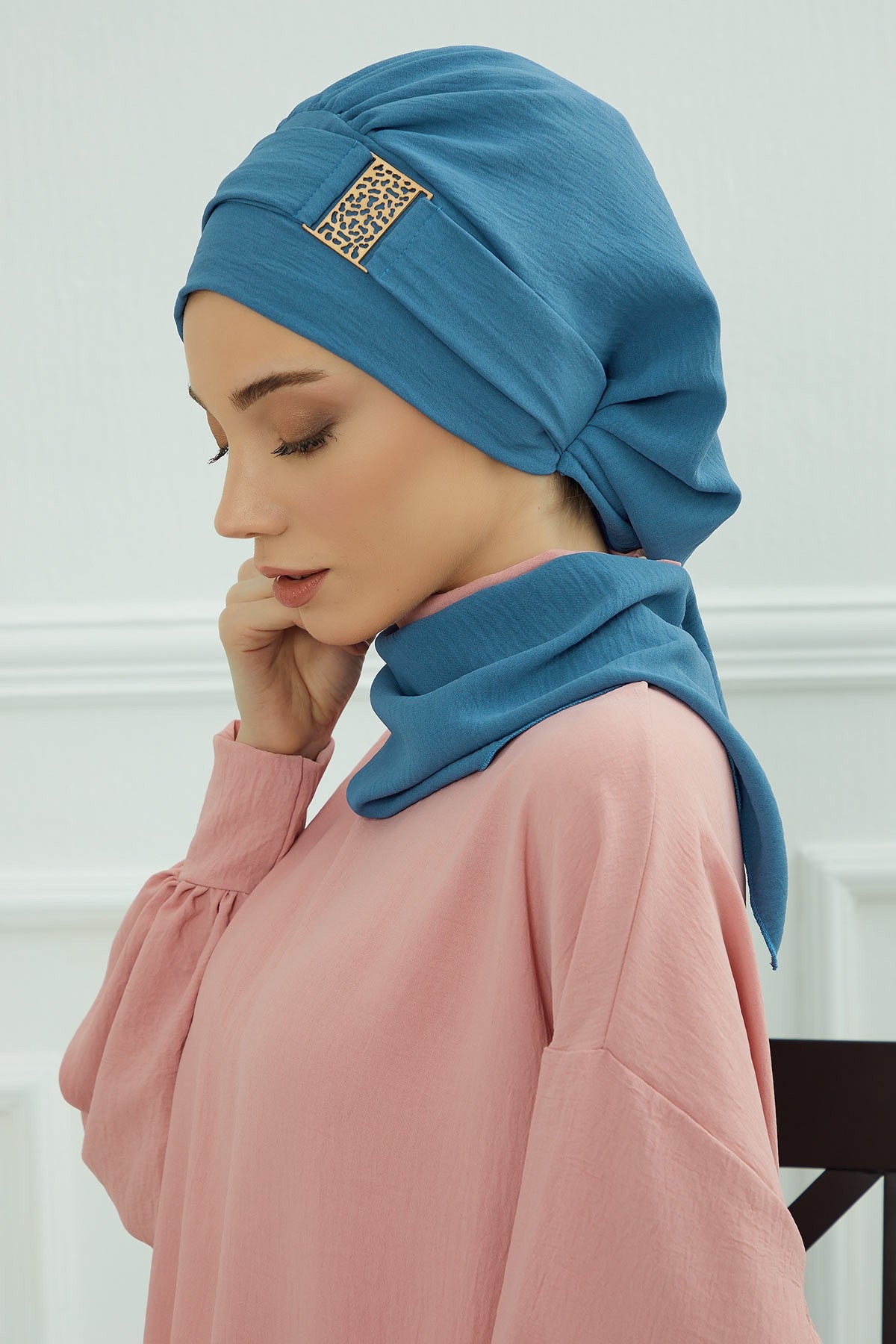 Modest Fashion Instant Aerobin Turban with Leopard Pattern Accessory, Pre-Tied Aerobin Hijab with Chic Metal Accessory,HT-11A İndigo