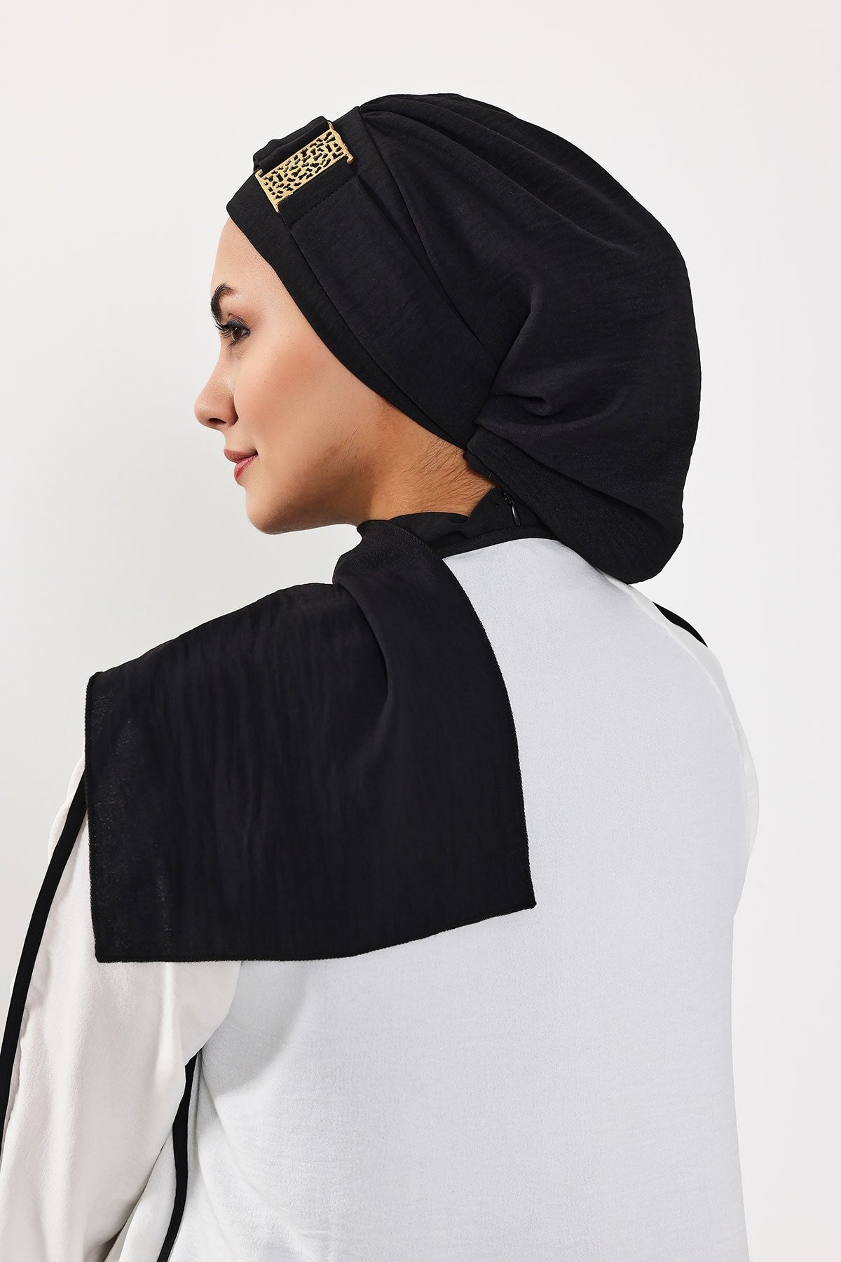 Modest Fashion Instant Aerobin Turban with Leopard Pattern Accessory, Pre-Tied Aerobin Hijab with Chic Metal Accessory,HT-11A Black