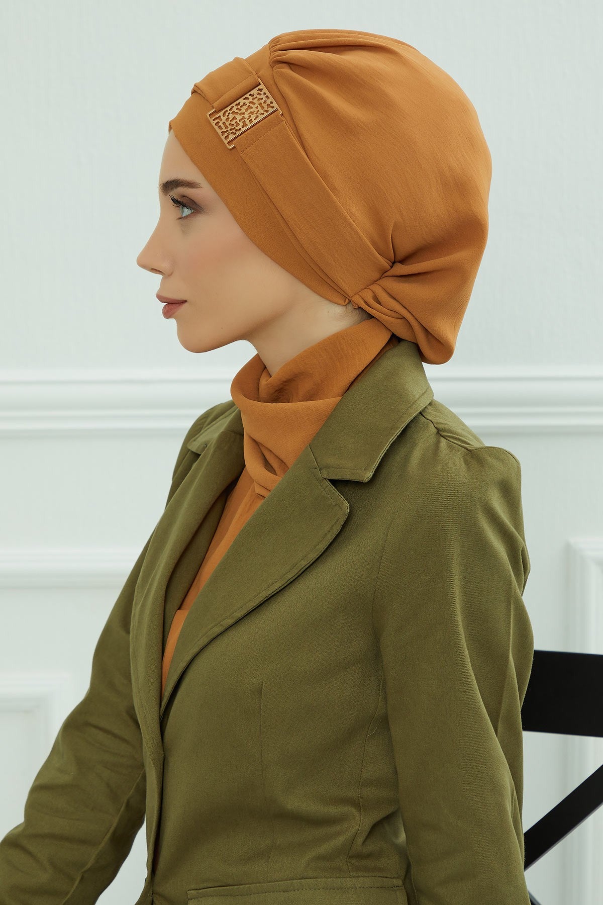 Modest Fashion Instant Aerobin Turban with Leopard Pattern Accessory, Pre-Tied Aerobin Hijab with Chic Metal Accessory,HT-11A Tawny Brown