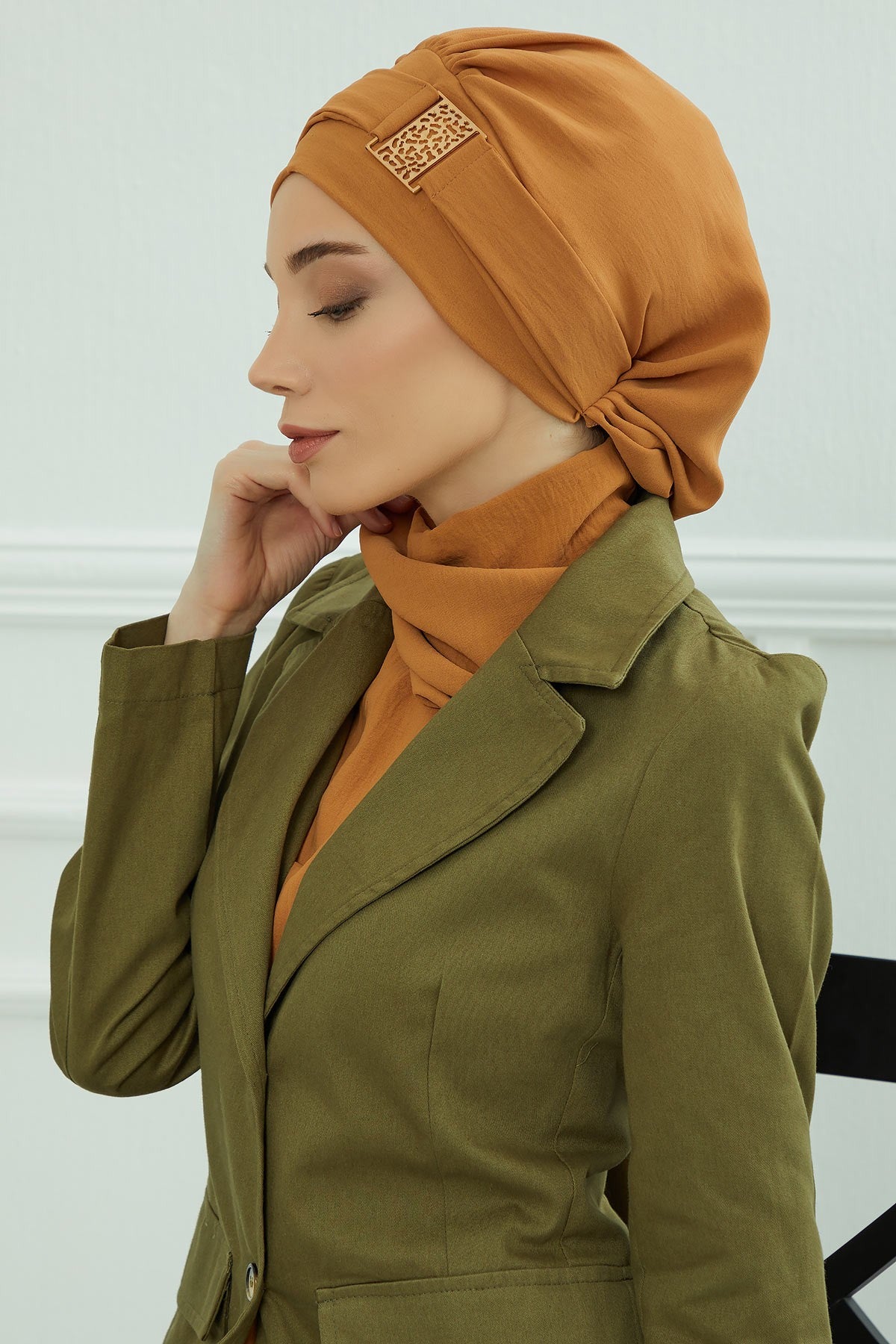 Modest Fashion Instant Aerobin Turban with Leopard Pattern Accessory, Pre-Tied Aerobin Hijab with Chic Metal Accessory,HT-11A Tawny Brown