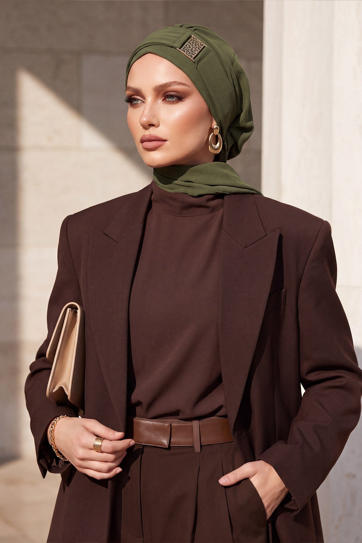 Modest Fashion Instant Aerobin Turban with Leopard Pattern Accessory, Pre-Tied Aerobin Hijab with Chic Metal Accessory,HT-11A Army Green