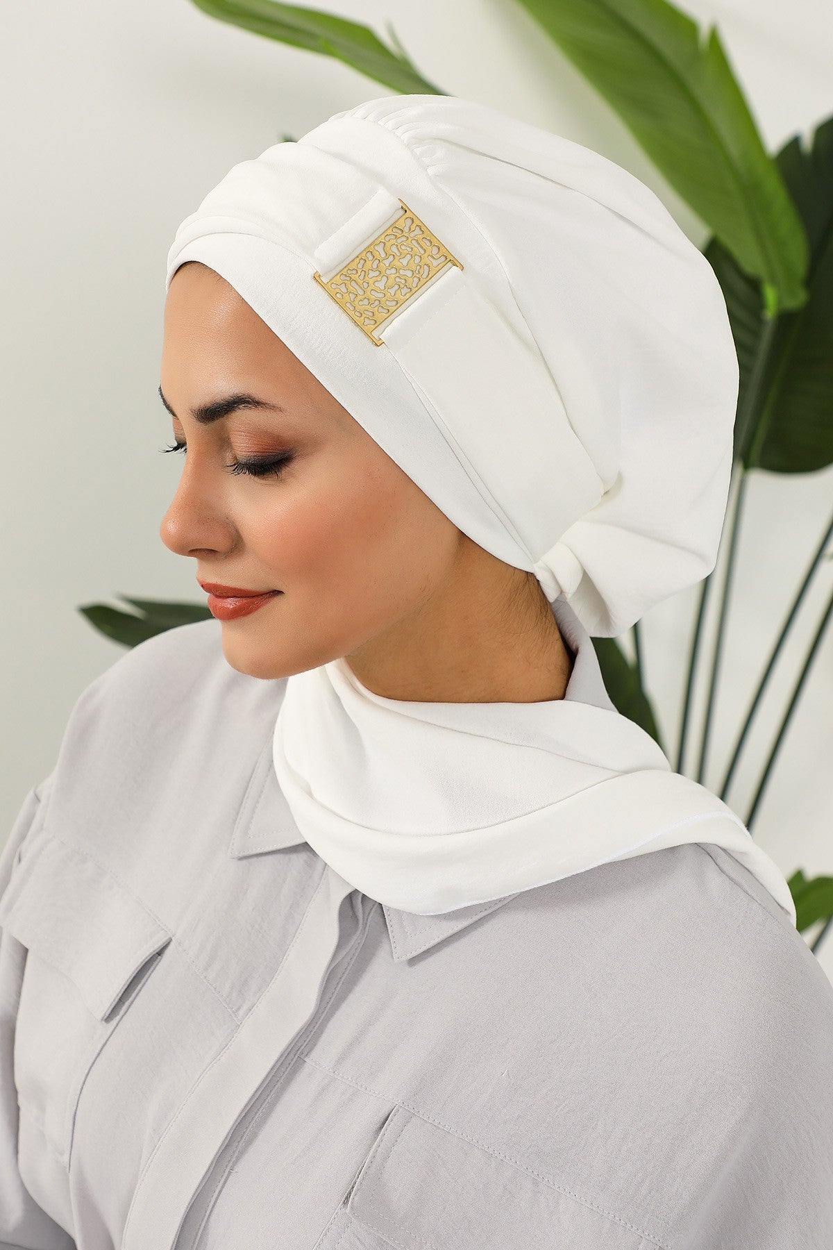 Modest Fashion Instant Aerobin Turban with Leopard Pattern Accessory, Pre-Tied Aerobin Hijab with Chic Metal Accessory,HT-11A