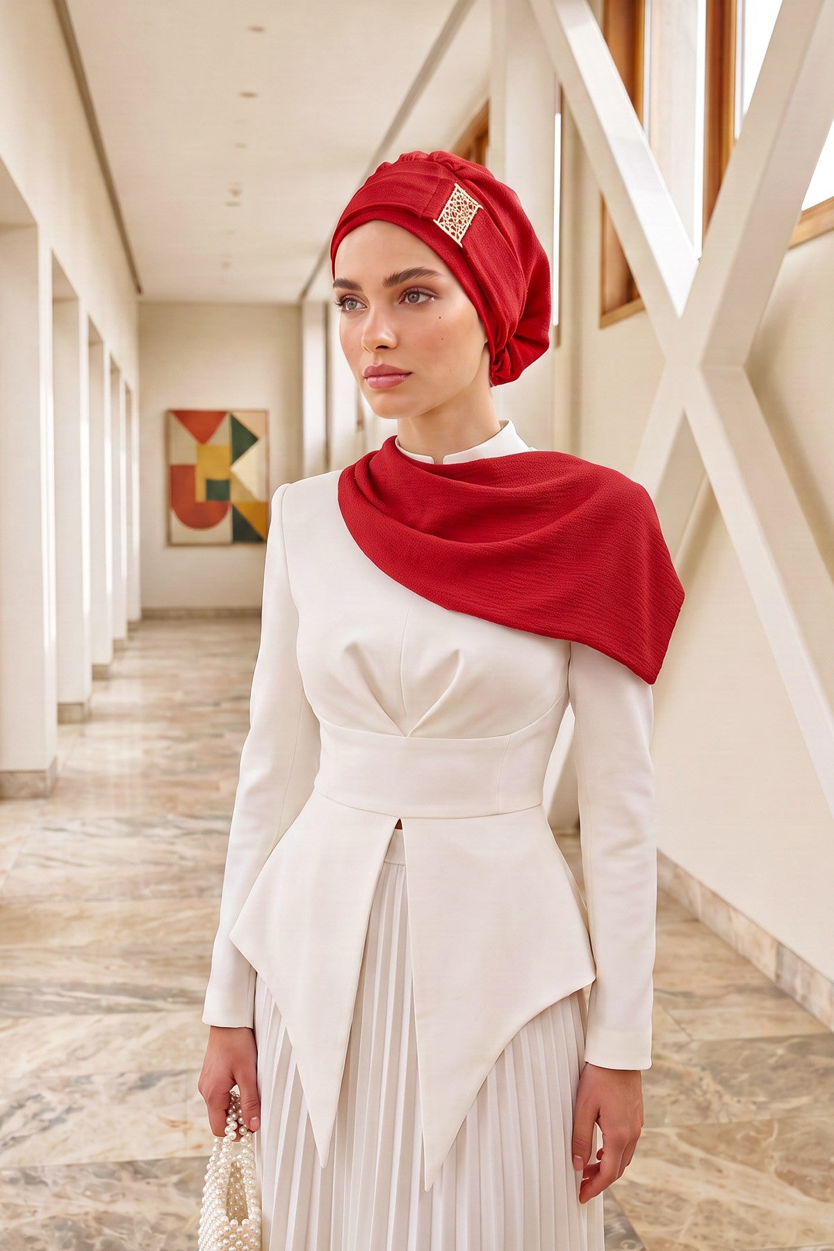 Modest Fashion Instant Aerobin Turban with Leopard Pattern Accessory, Pre-Tied Aerobin Hijab with Chic Metal Accessory,HT-11A Red