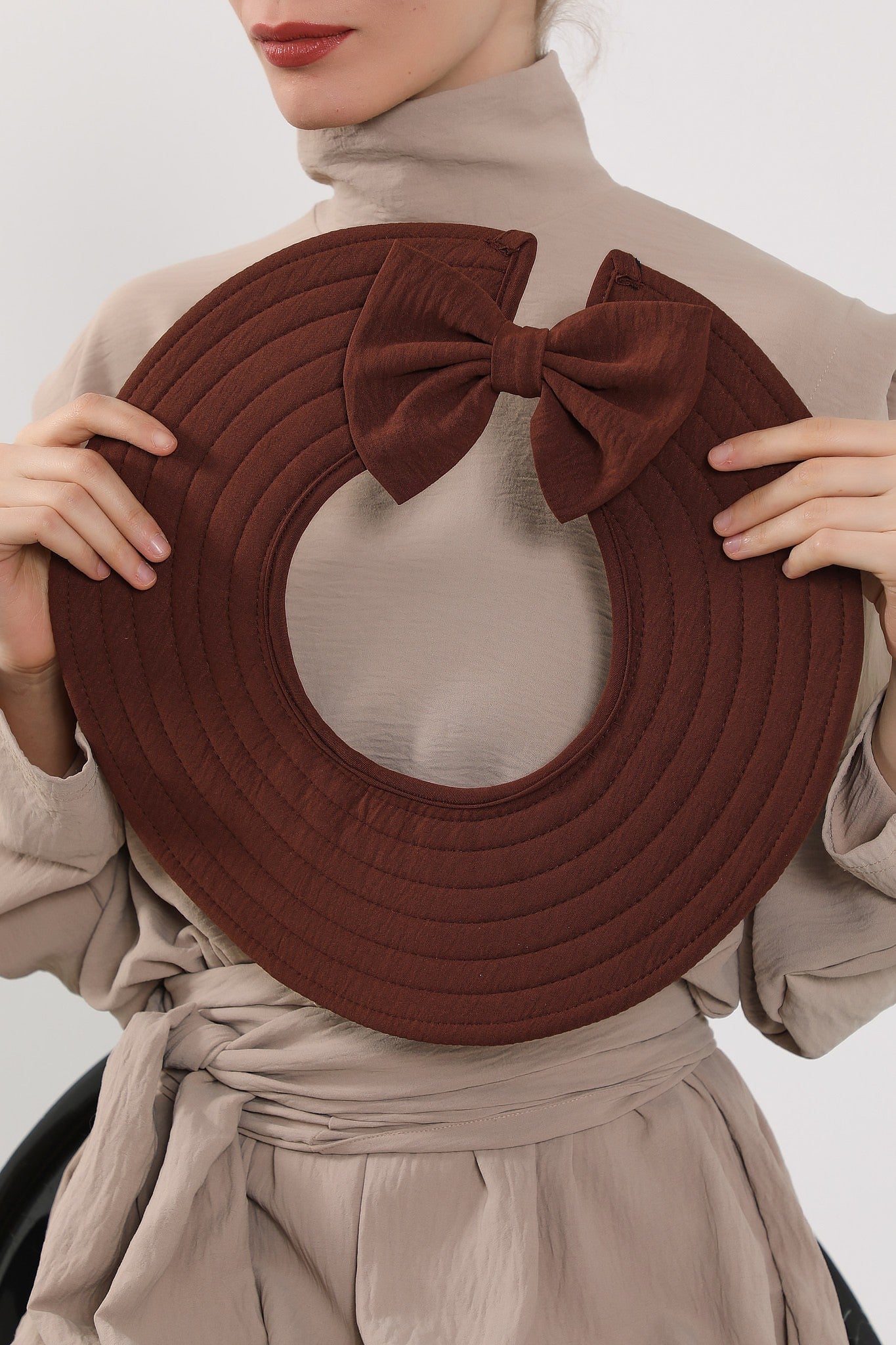 Modest Sun Protective Turban Bonnet with Removable Bow Brim for Women, 2-in-1 Aerobin Hijab Hat with Removable Brim,S-4A Brown