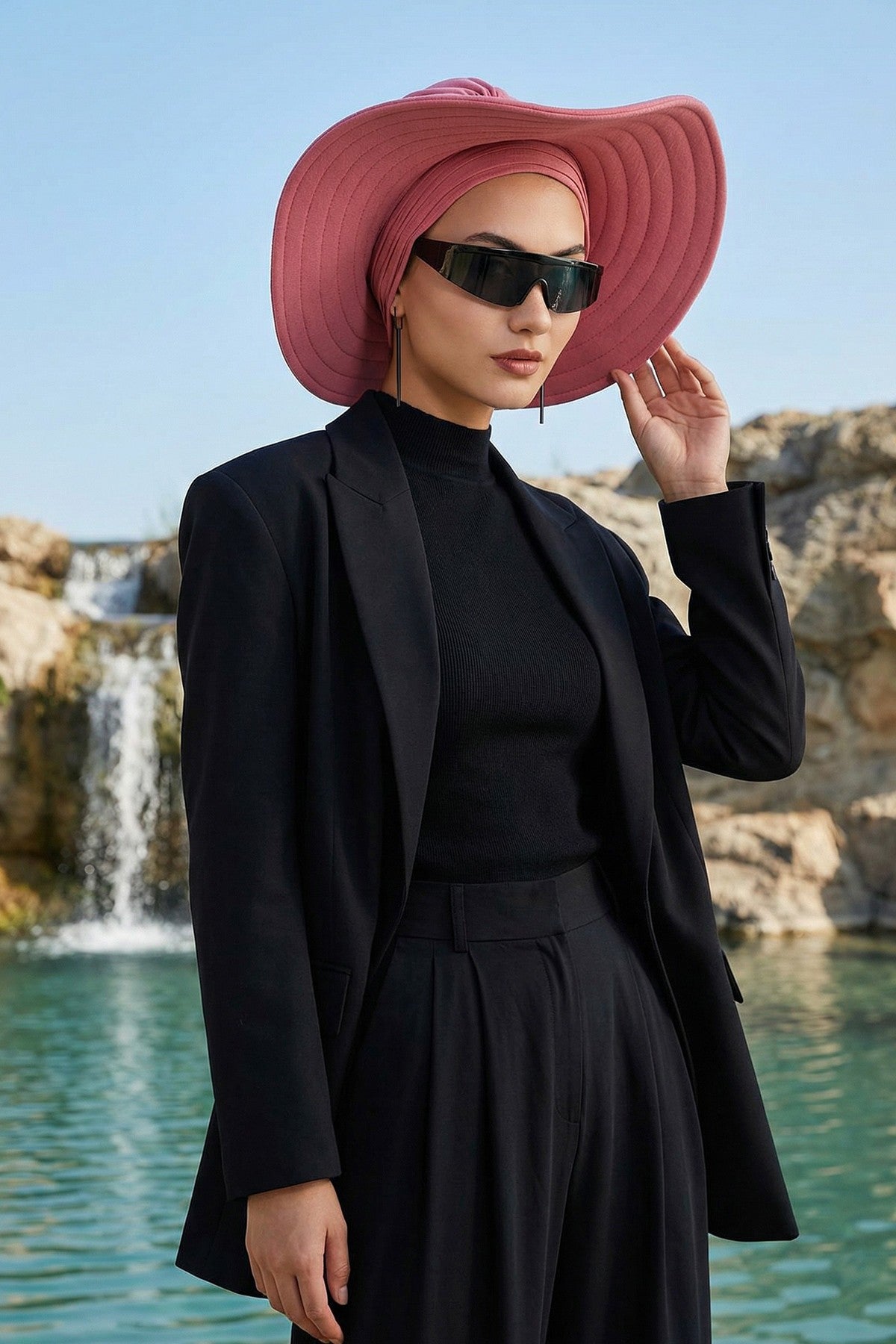 Modest Sun Protective Turban Bonnet with Removable Bow Brim for Women, 2-in-1 Aerobin Hijab Hat with Removable Brim,S-4A Dark Pink