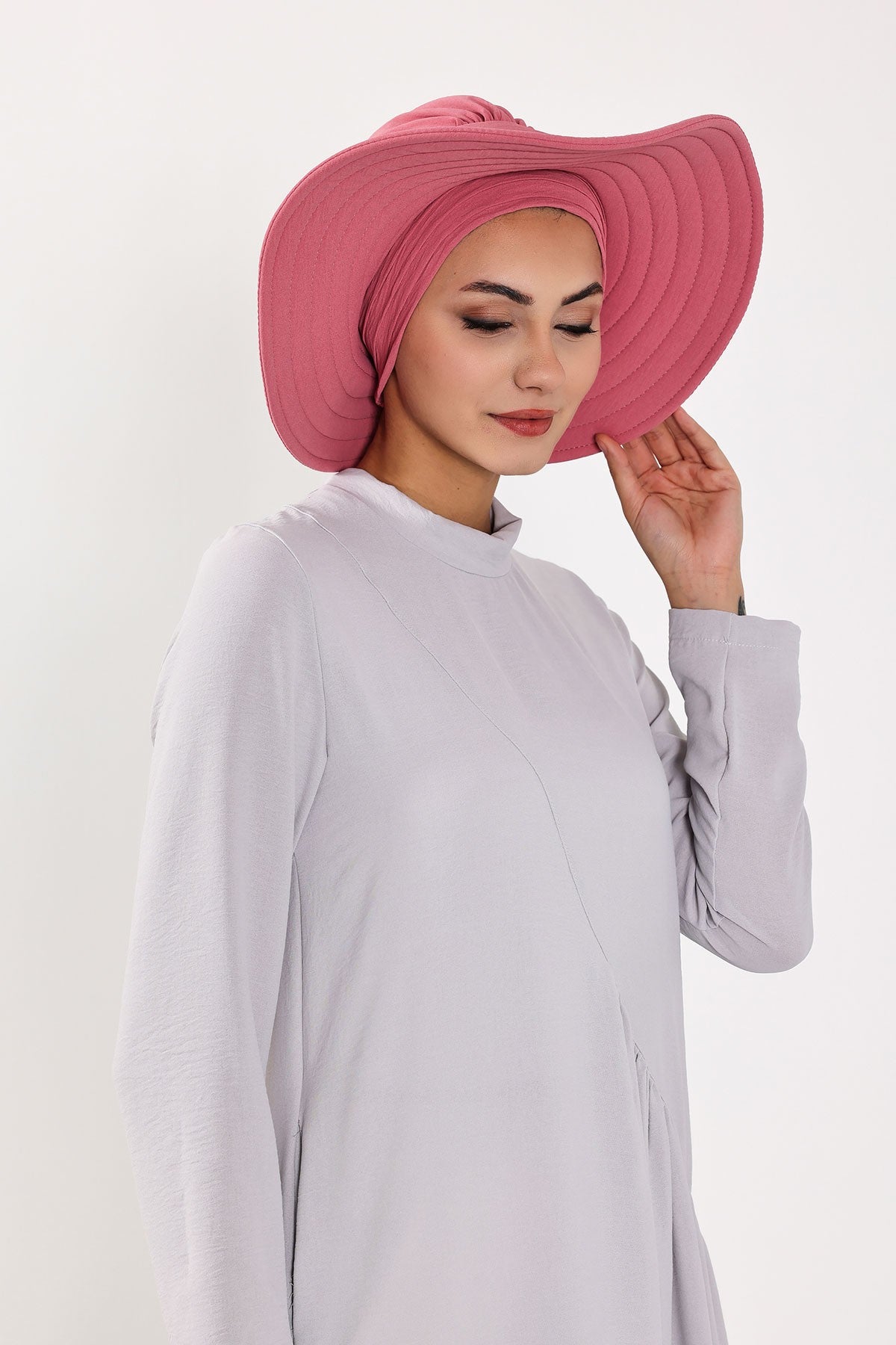 Modest Sun Protective Turban Bonnet with Removable Bow Brim for Women, 2-in-1 Aerobin Hijab Hat with Removable Brim,S-4A Dark Pink