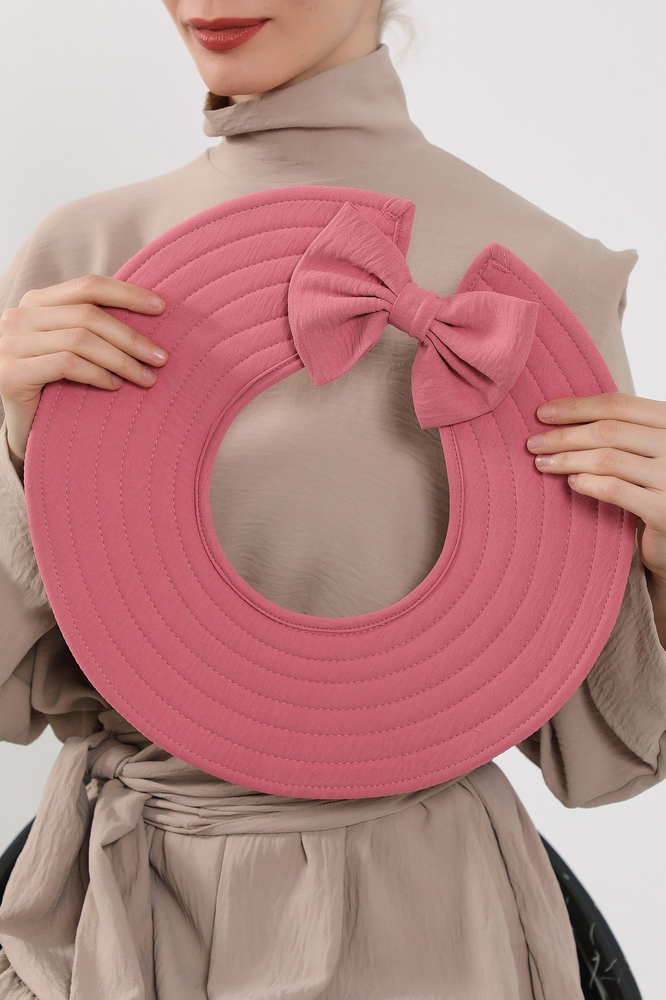 Modest Sun Protective Turban Bonnet with Removable Bow Brim for Women, 2-in-1 Aerobin Hijab Hat with Removable Brim,S-4A Dark Pink