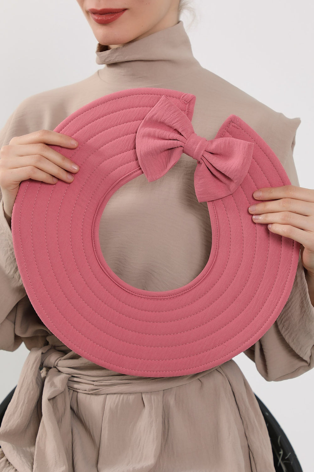 Modest Sun Protective Turban Bonnet with Removable Bow Brim for Women, 2-in-1 Aerobin Hijab Hat with Removable Brim,S-4A Dark Pink