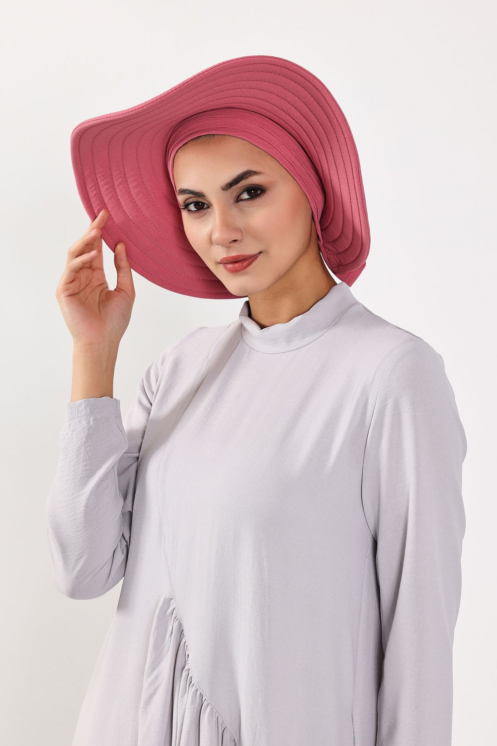 Modest Sun Protective Turban Bonnet with Removable Bow Brim for Women, 2-in-1 Aerobin Hijab Hat with Removable Brim,S-4A Dark Pink