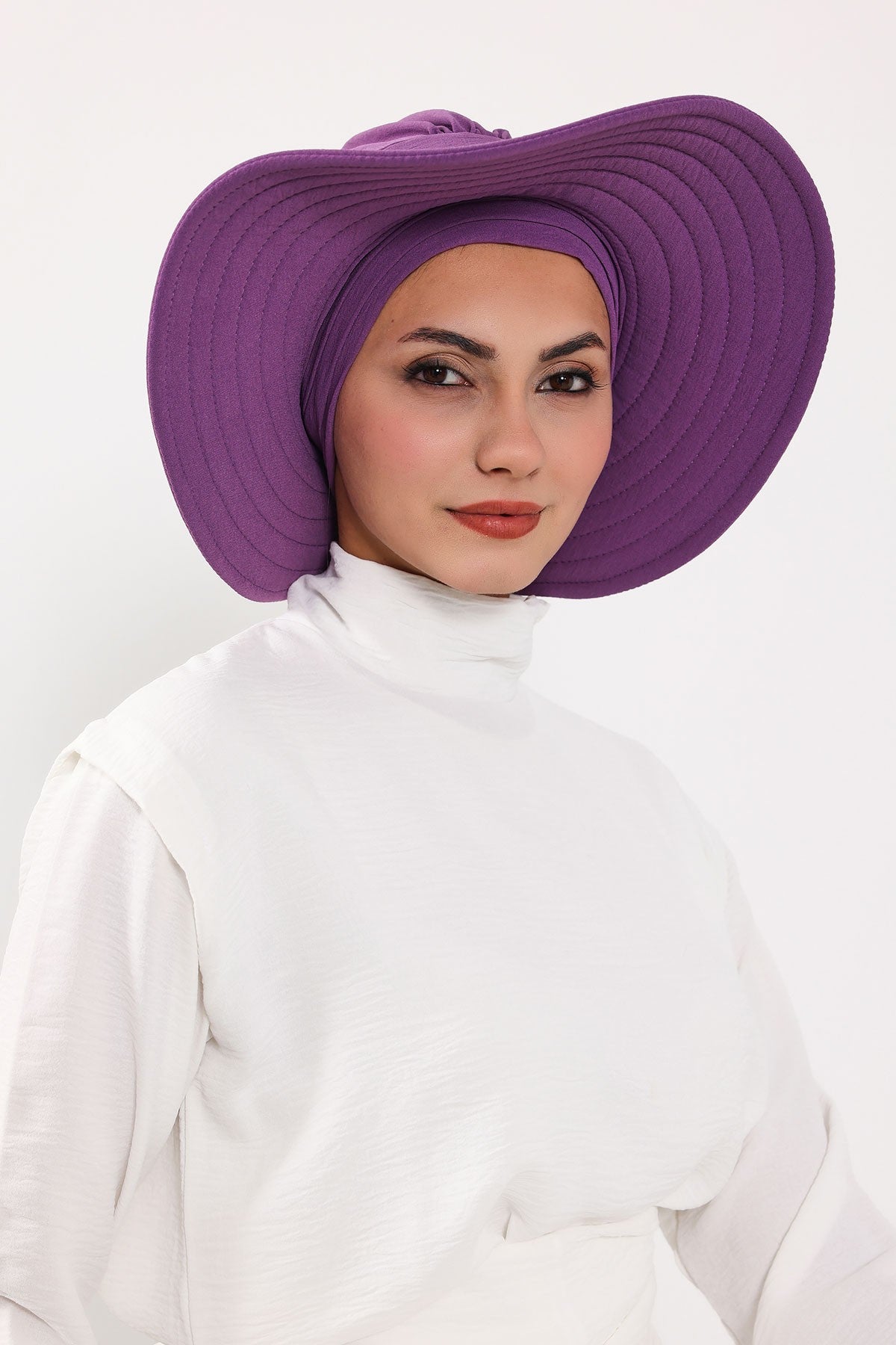 Modest Sun Protective Turban Bonnet with Removable Bow Brim for Women, 2-in-1 Aerobin Hijab Hat with Removable Brim,S-4A Purple 2