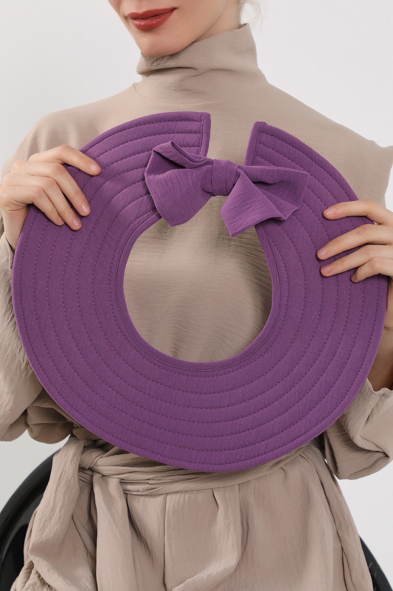 Modest Sun Protective Turban Bonnet with Removable Bow Brim for Women, 2-in-1 Aerobin Hijab Hat with Removable Brim,S-4A Purple 2