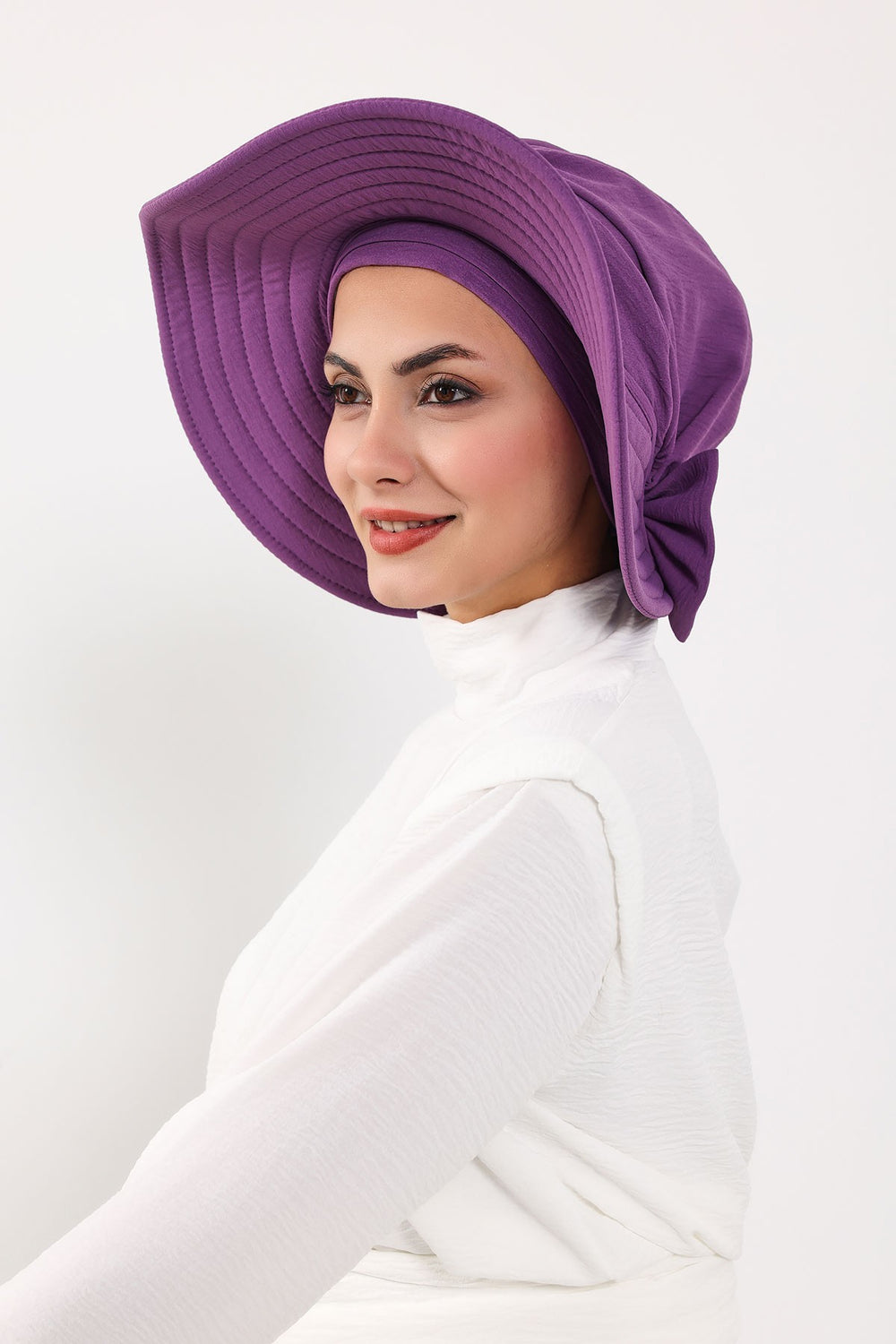 Modest Sun Protective Turban Bonnet with Removable Bow Brim for Women, 2-in-1 Aerobin Hijab Hat with Removable Brim,S-4A Purple 2