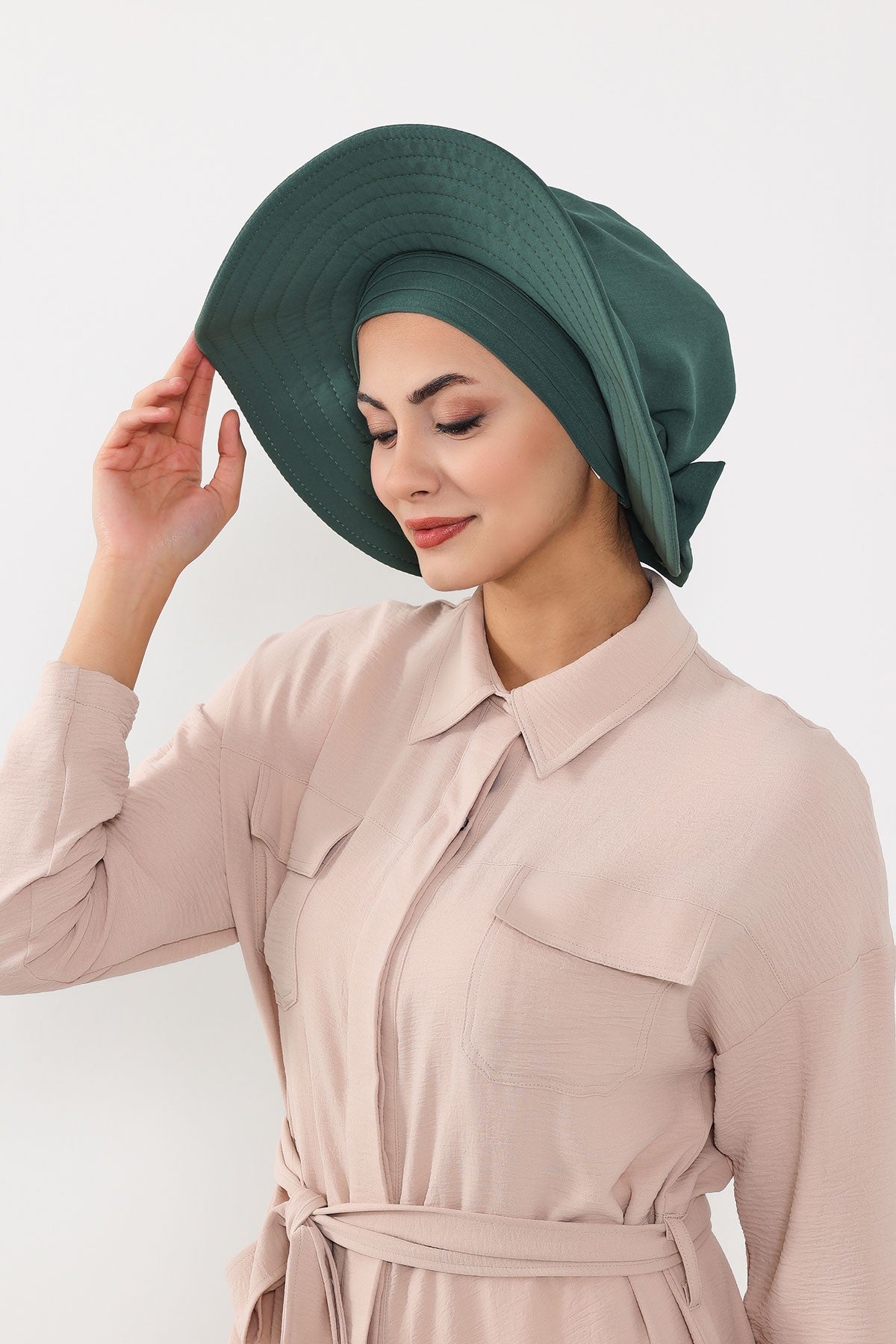 Modest Sun Protective Turban Bonnet with Removable Bow Brim for Women, 2-in-1 Aerobin Hijab Hat with Removable Brim,S-4A Light Green