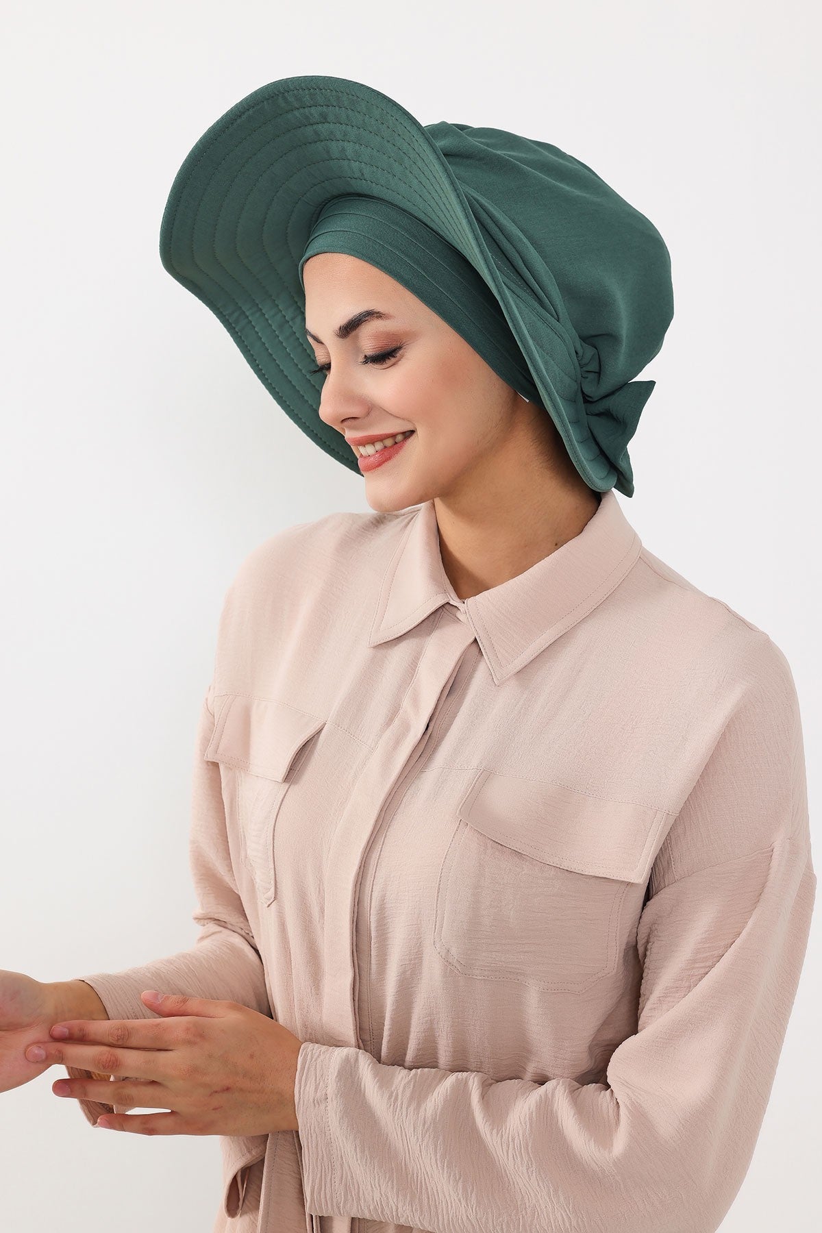 Modest Sun Protective Turban Bonnet with Removable Bow Brim for Women, 2-in-1 Aerobin Hijab Hat with Removable Brim,S-4A Light Green