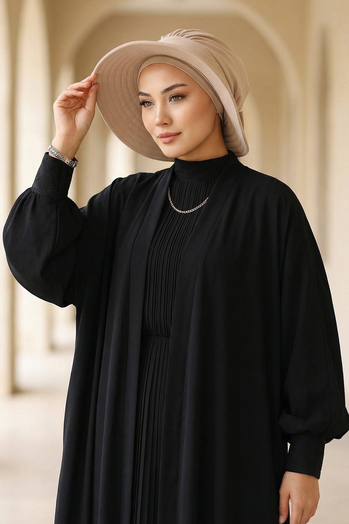 Modest Sun Protective Turban Bonnet with Removable Bow Brim for Women, 2-in-1 Aerobin Hijab Hat with Removable Brim,S-4A Stone
