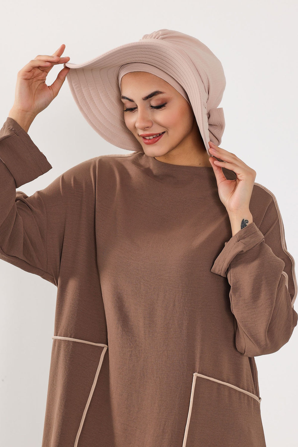 Modest Sun Protective Turban Bonnet with Removable Bow Brim for Women, 2-in-1 Aerobin Hijab Hat with Removable Brim,S-4A Stone