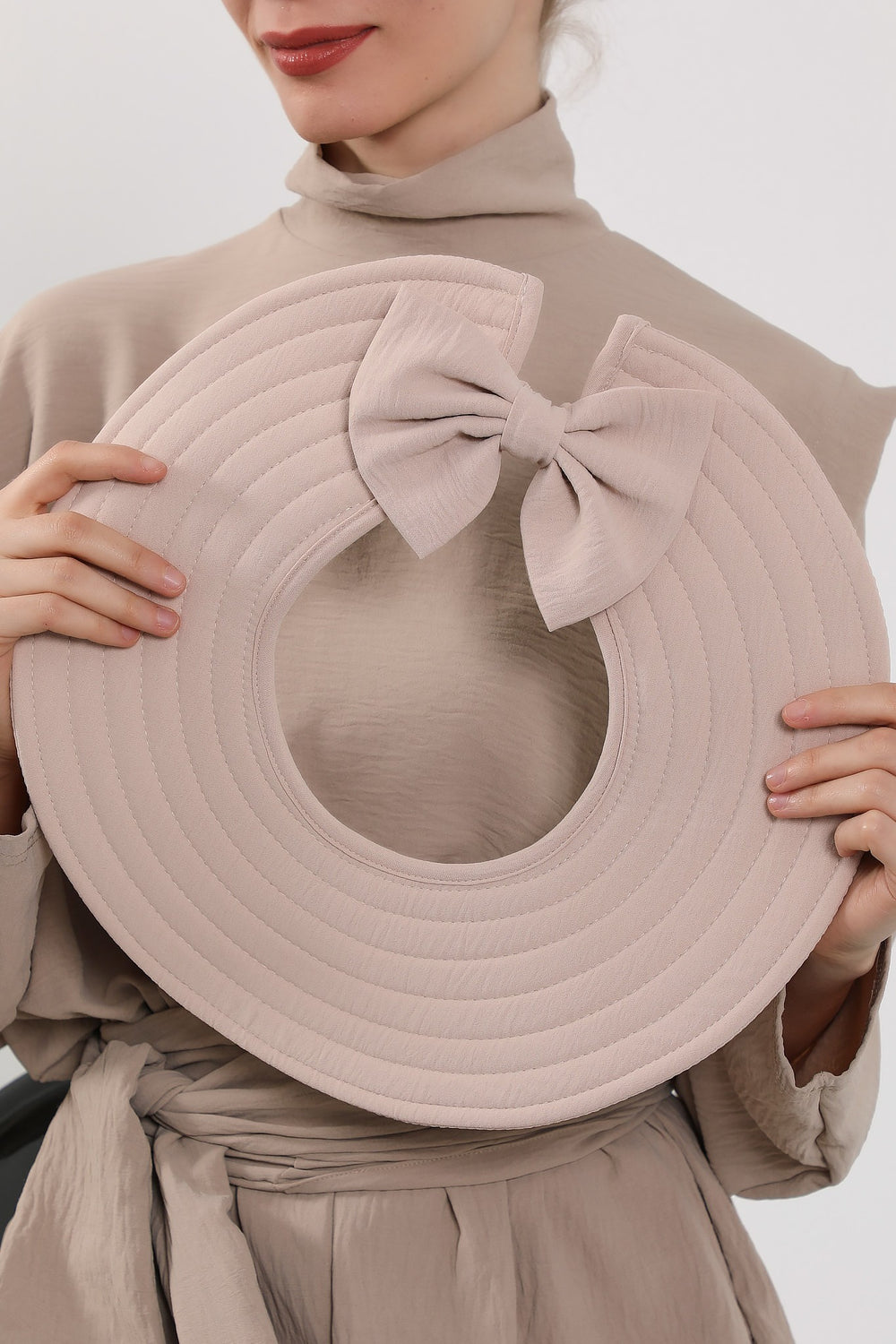 Modest Sun Protective Turban Bonnet with Removable Bow Brim for Women, 2-in-1 Aerobin Hijab Hat with Removable Brim,S-4A Stone