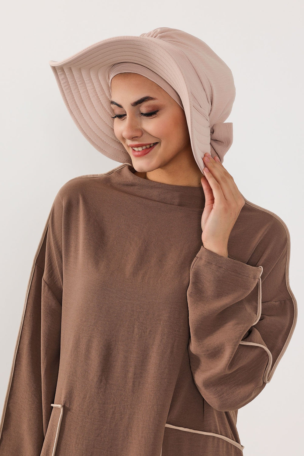 Modest Sun Protective Turban Bonnet with Removable Bow Brim for Women, 2-in-1 Aerobin Hijab Hat with Removable Brim,S-4A Stone