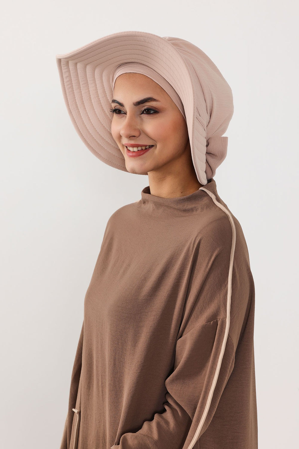 Modest Sun Protective Turban Bonnet with Removable Bow Brim for Women, 2-in-1 Aerobin Hijab Hat with Removable Brim,S-4A Stone