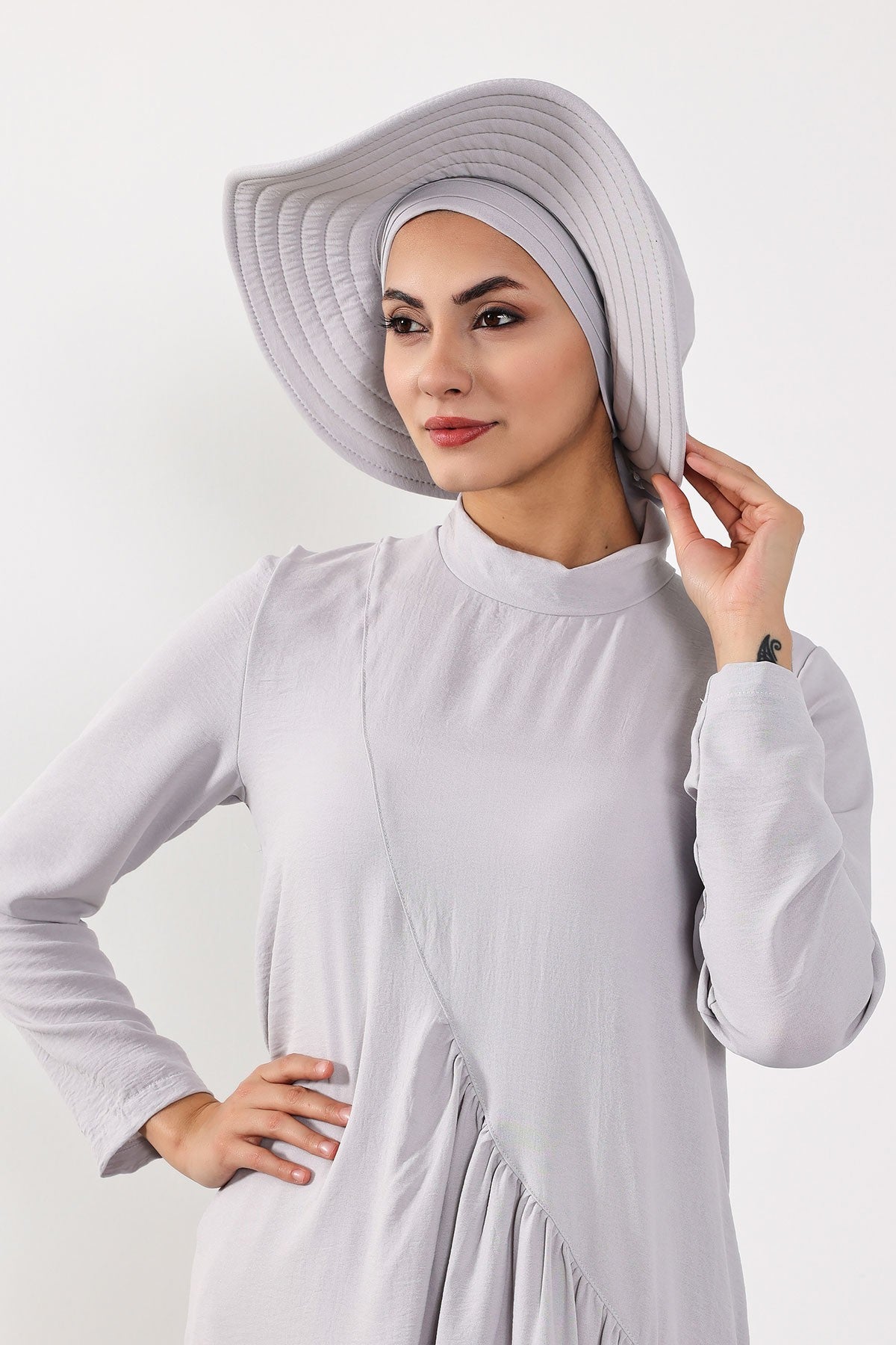 Modest Sun Protective Turban Bonnet with Removable Bow Brim for Women, 2-in-1 Aerobin Hijab Hat with Removable Brim,S-4A Light Grey