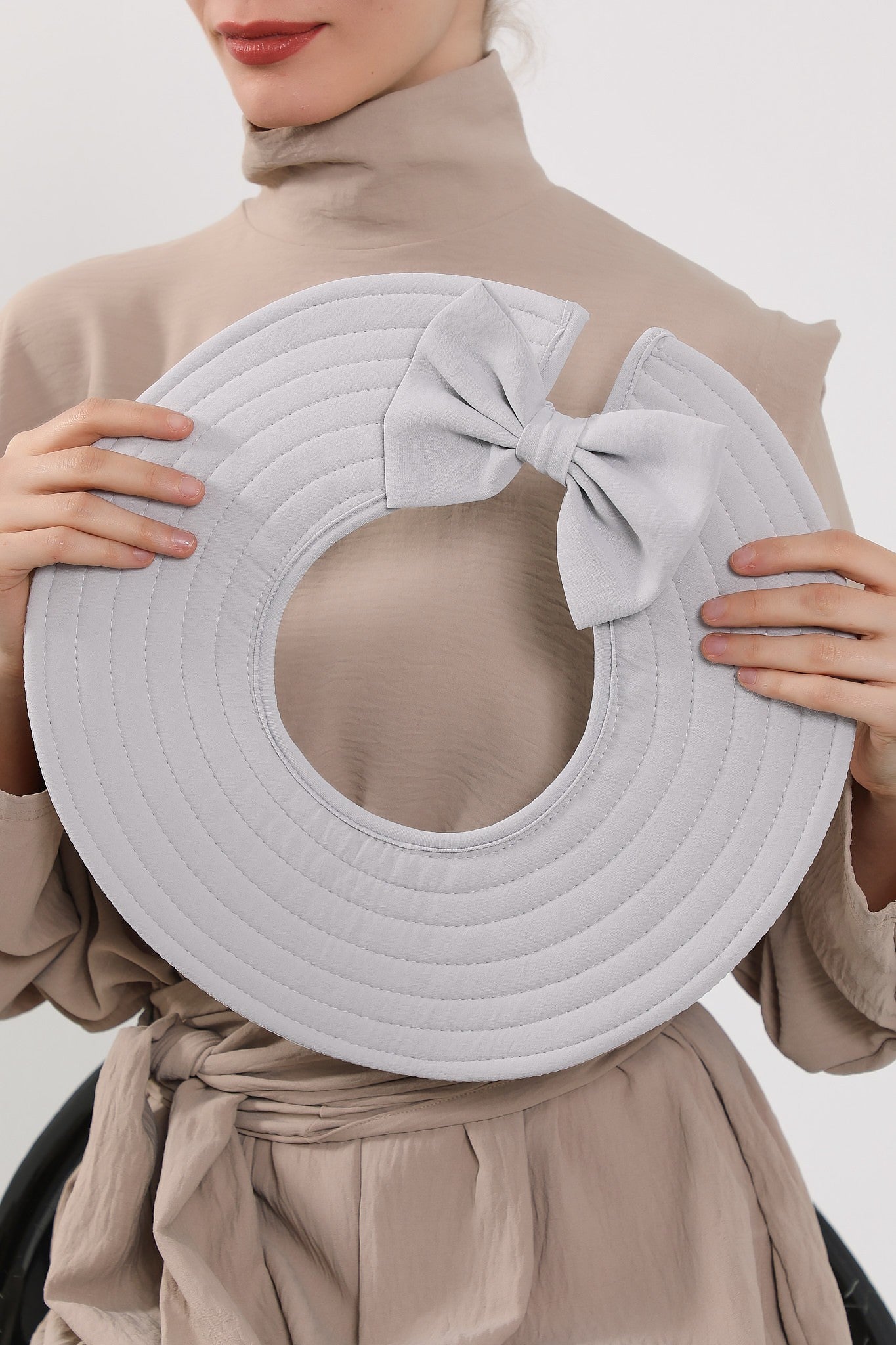 Modest Sun Protective Turban Bonnet with Removable Bow Brim for Women, 2-in-1 Aerobin Hijab Hat with Removable Brim,S-4A Light Grey