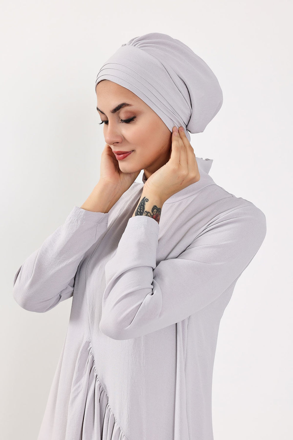 Modest Sun Protective Turban Bonnet with Removable Bow Brim for Women, 2-in-1 Aerobin Hijab Hat with Removable Brim,S-4A Light Grey
