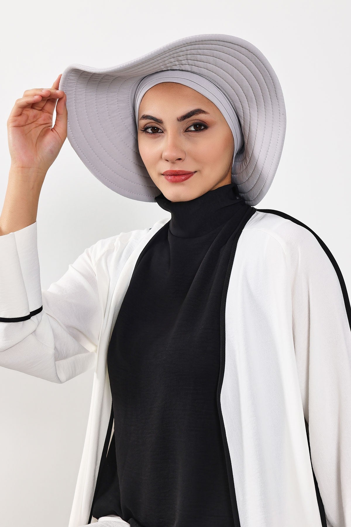 Modest Sun Protective Turban Bonnet with Removable Bow Brim for Women, 2-in-1 Aerobin Hijab Hat with Removable Brim,S-4A Light Grey