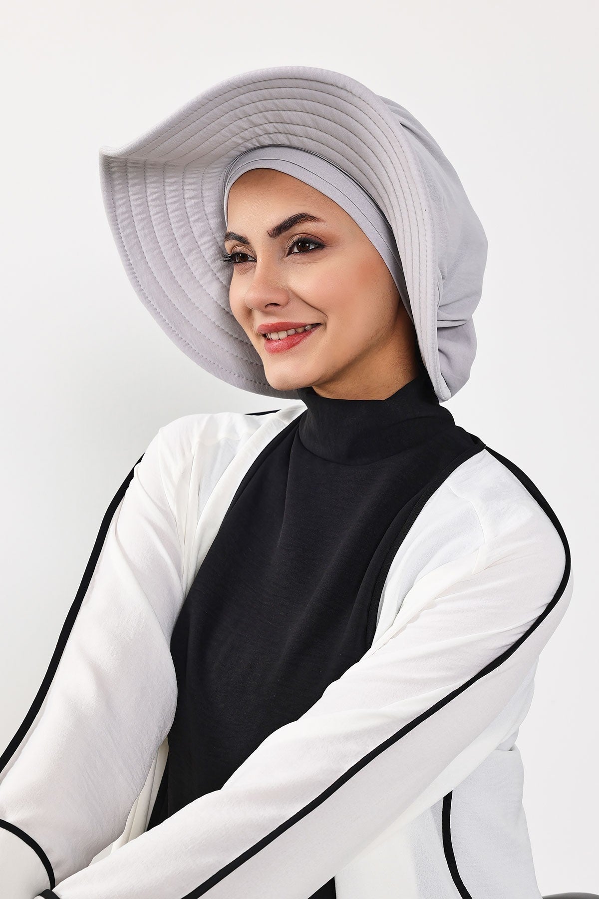 Modest Sun Protective Turban Bonnet with Removable Bow Brim for Women, 2-in-1 Aerobin Hijab Hat with Removable Brim,S-4A Light Grey