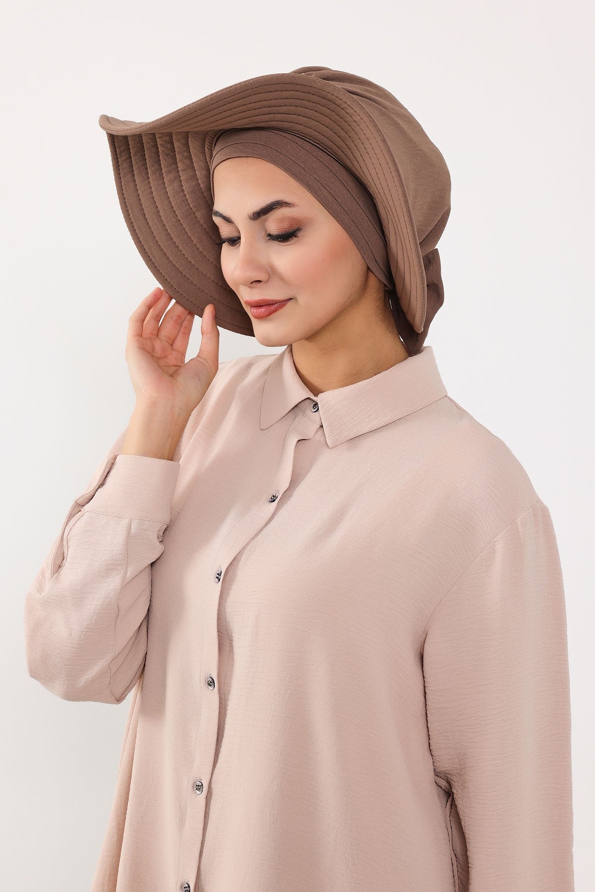 Modest Sun Protective Turban Bonnet with Removable Bow Brim for Women, 2-in-1 Aerobin Hijab Hat with Removable Brim,S-4A Chocolate