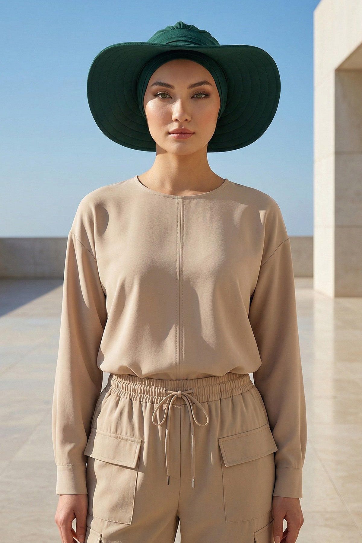 Modest Sun Protective Turban Bonnet with Removable Bow Brim for Women, 2-in-1 Aerobin Hijab Hat with Removable Brim,S-4A Dark Green