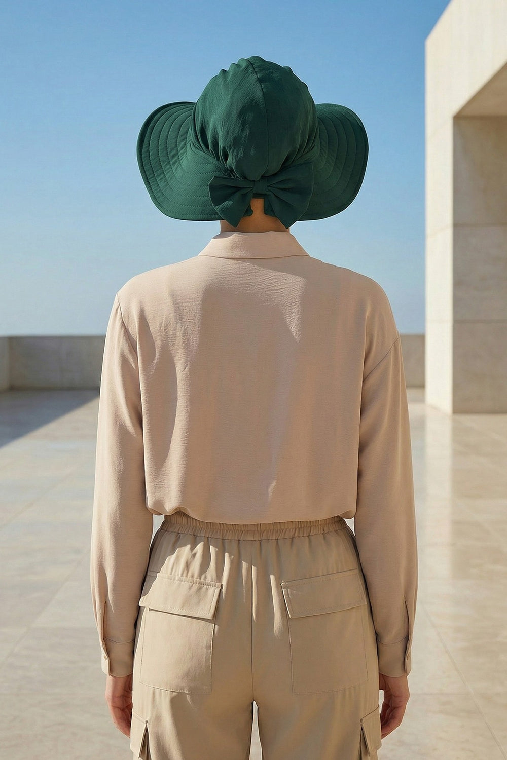 Modest Sun Protective Turban Bonnet with Removable Bow Brim for Women, 2-in-1 Aerobin Hijab Hat with Removable Brim,S-4A Dark Green