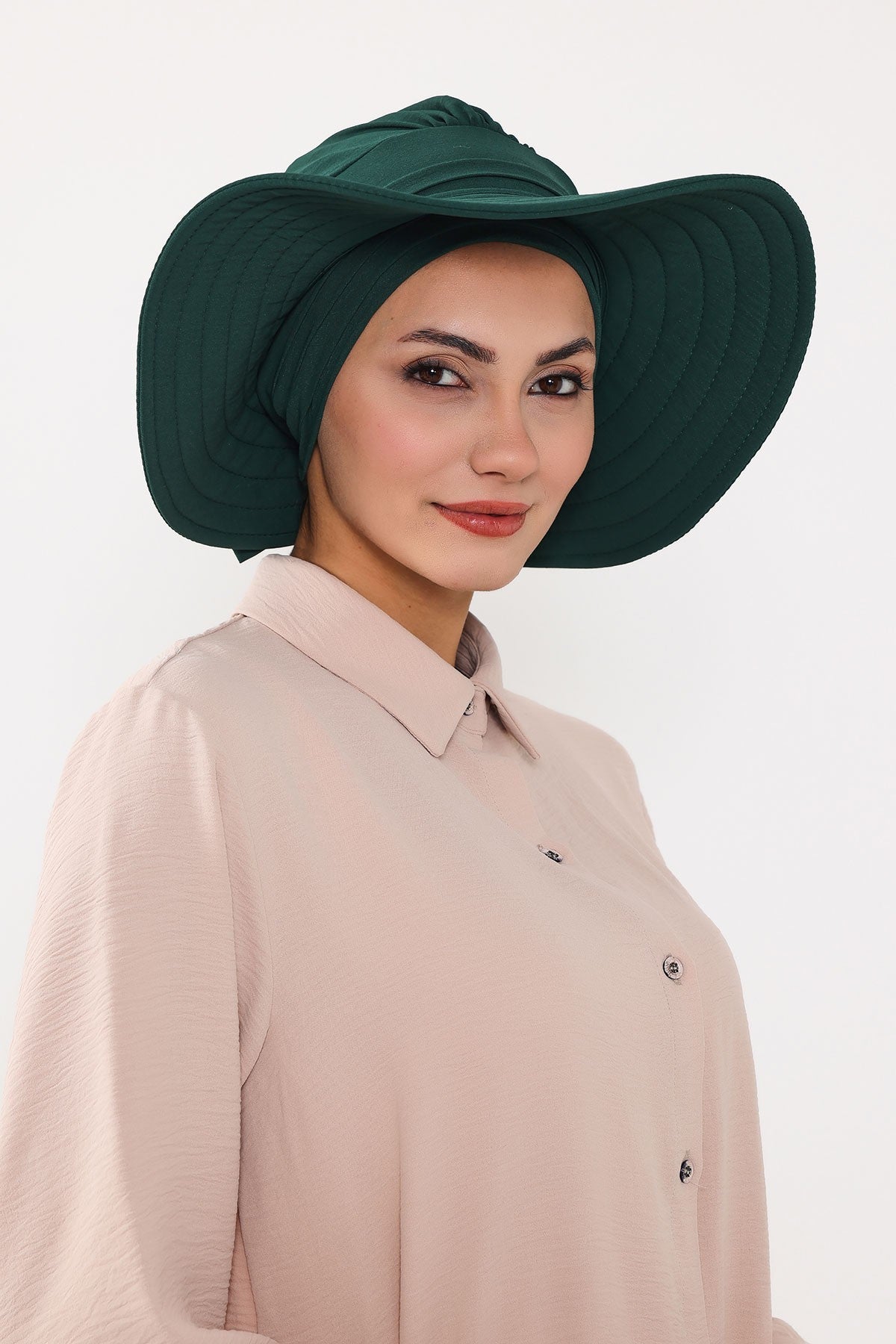 Modest Sun Protective Turban Bonnet with Removable Bow Brim for Women, 2-in-1 Aerobin Hijab Hat with Removable Brim,S-4A Dark Green
