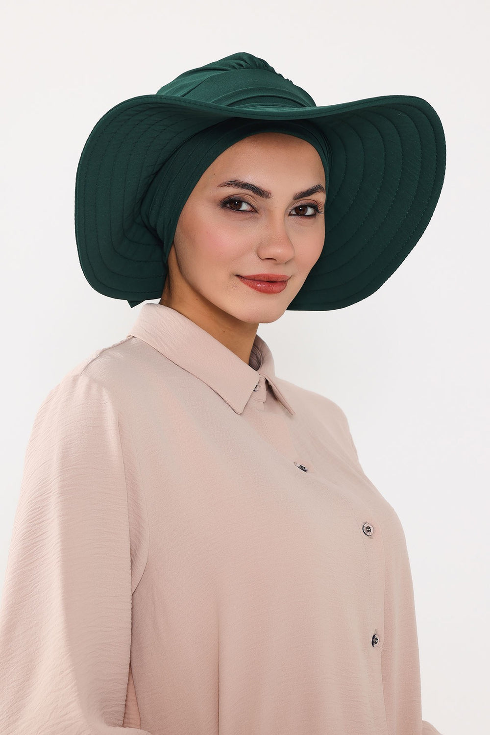 Modest Sun Protective Turban Bonnet with Removable Bow Brim for Women, 2-in-1 Aerobin Hijab Hat with Removable Brim,S-4A Dark Green