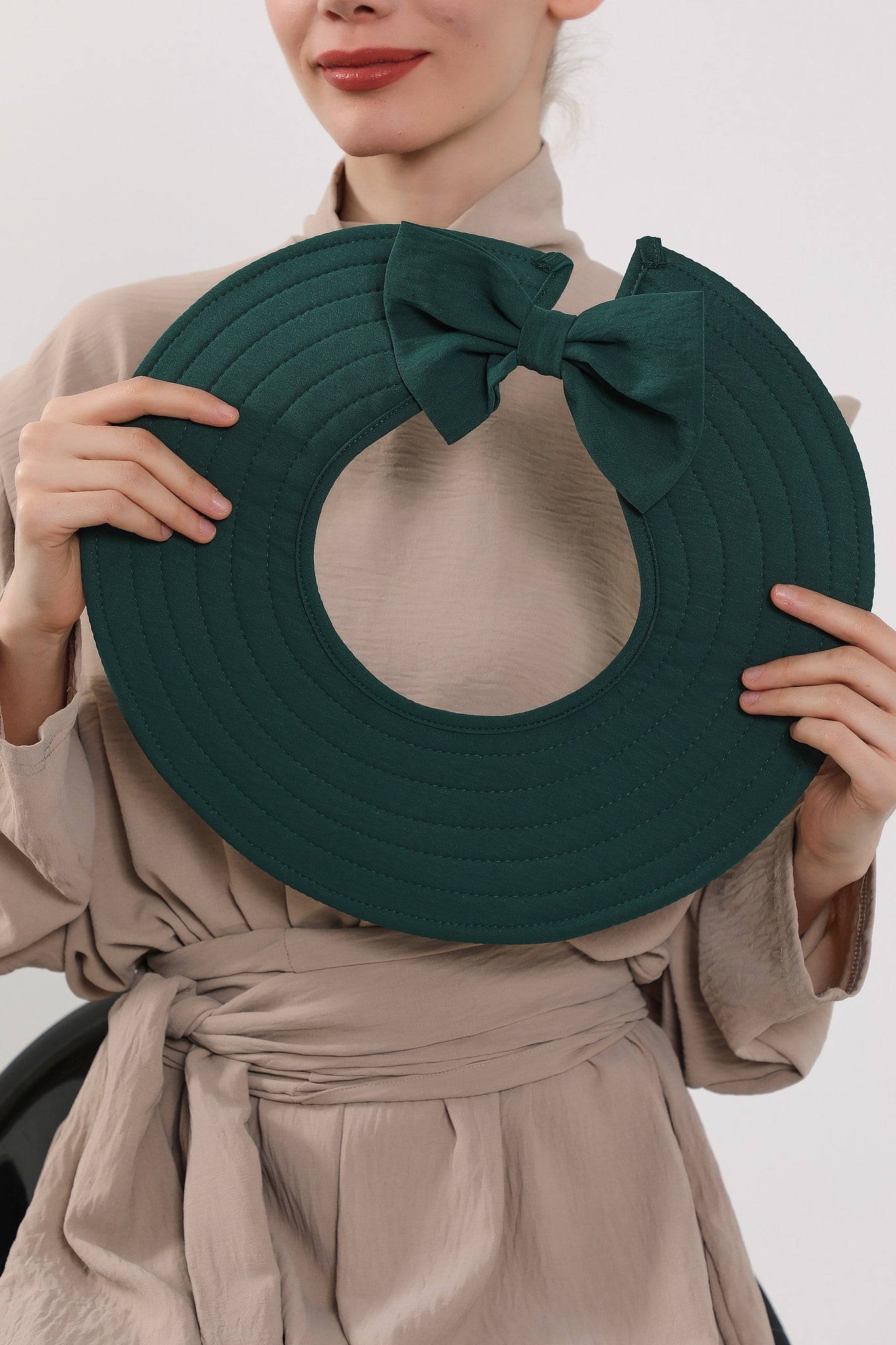 Modest Sun Protective Turban Bonnet with Removable Bow Brim for Women, 2-in-1 Aerobin Hijab Hat with Removable Brim,S-4A Dark Green