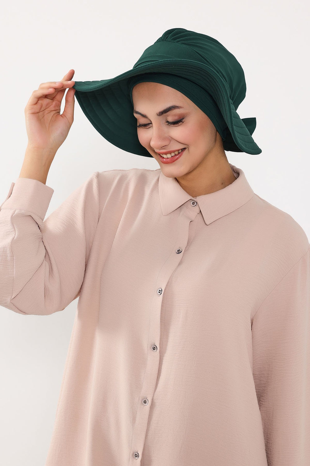 Modest Sun Protective Turban Bonnet with Removable Bow Brim for Women, 2-in-1 Aerobin Hijab Hat with Removable Brim,S-4A Dark Green