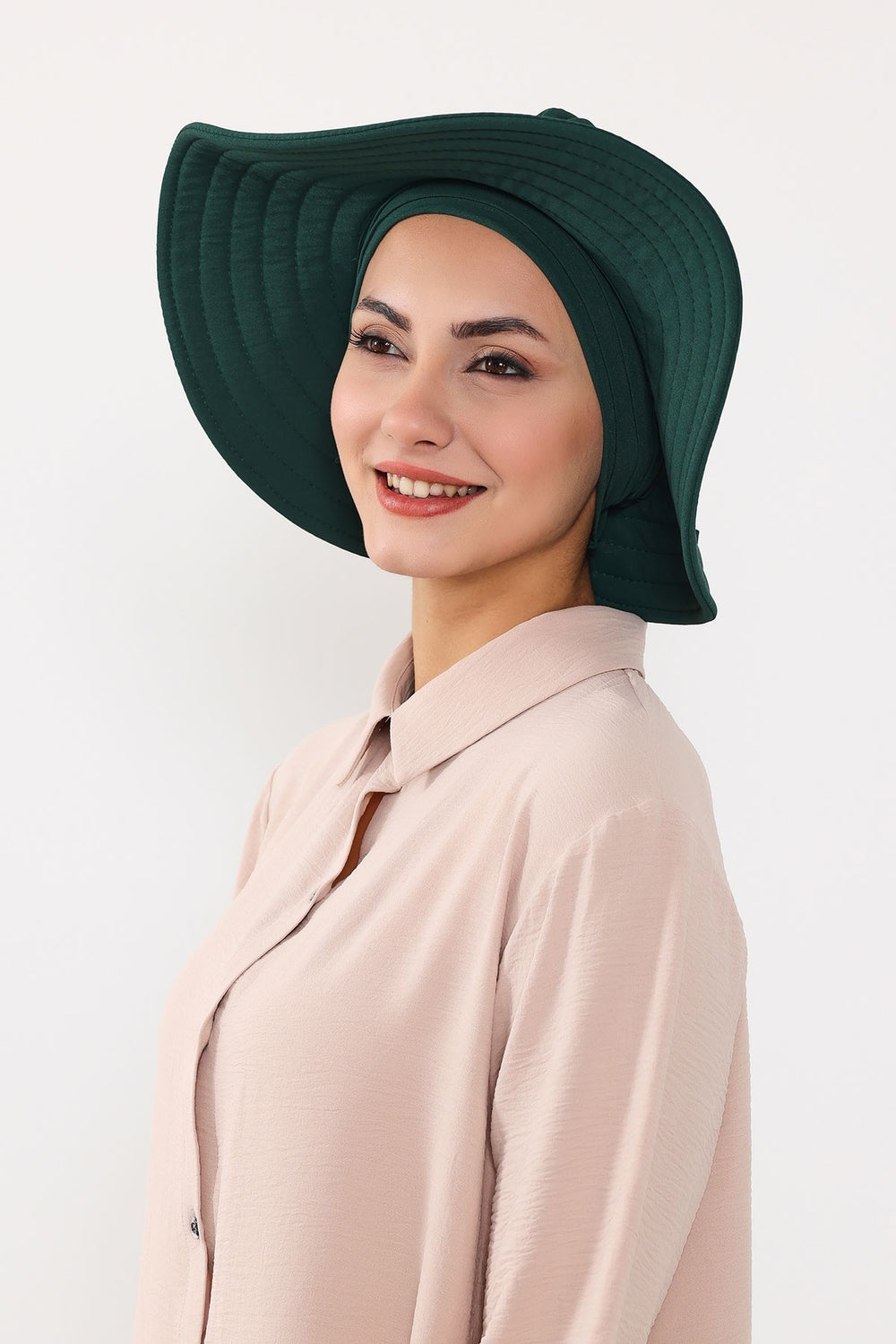 Modest Sun Protective Turban Bonnet with Removable Bow Brim for Women, 2-in-1 Aerobin Hijab Hat with Removable Brim,S-4A Dark Green
