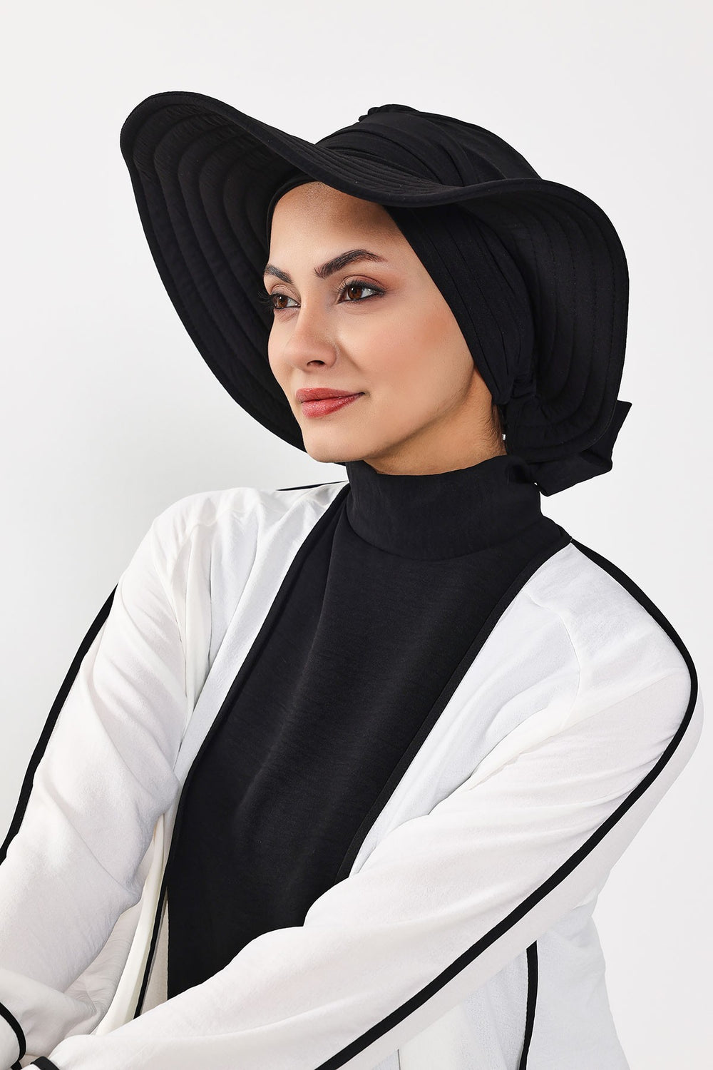 Modest Sun Protective Turban Bonnet with Removable Bow Brim for Women, 2-in-1 Aerobin Hijab Hat with Removable Brim,S-4A Black