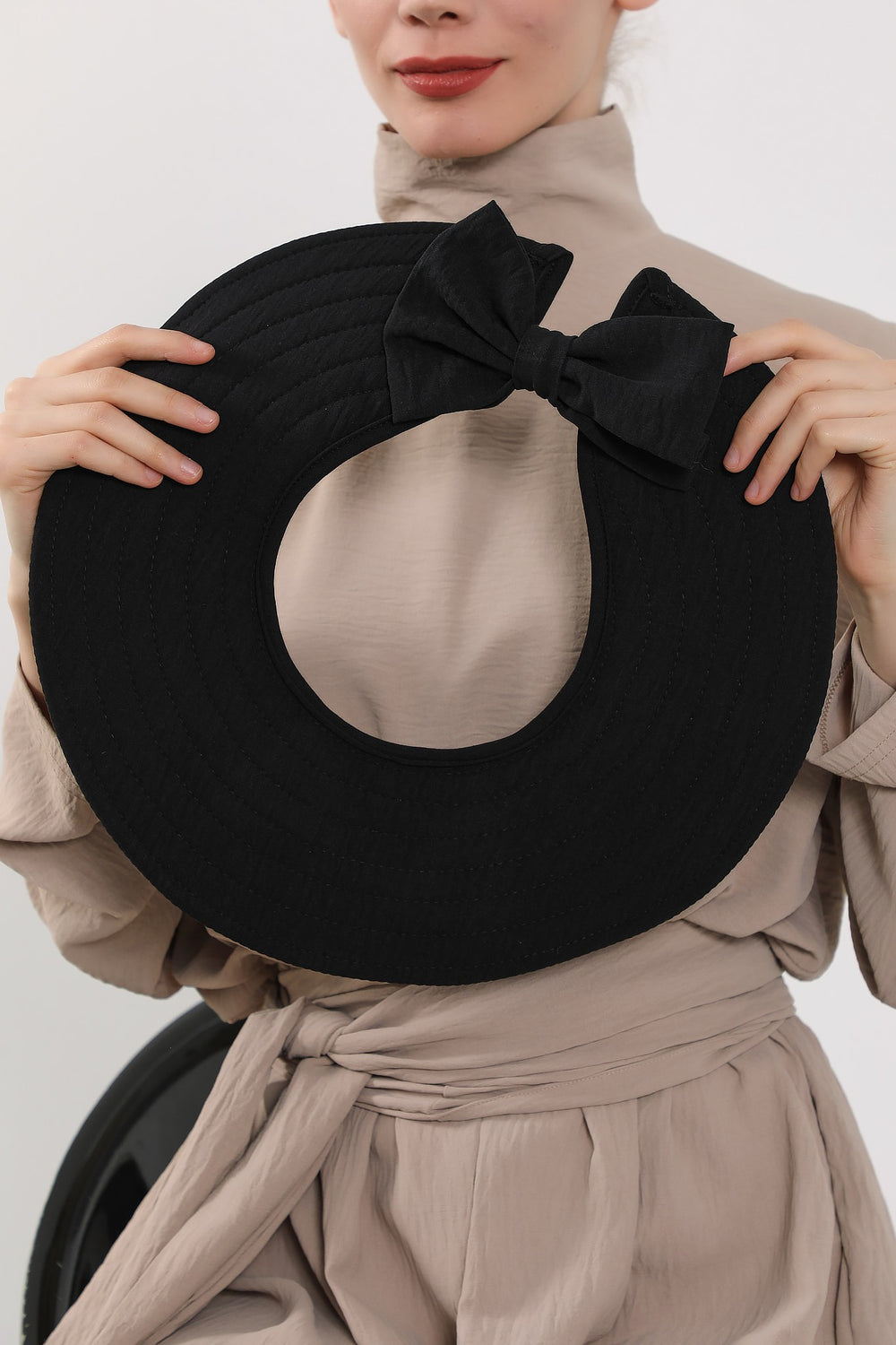 Modest Sun Protective Turban Bonnet with Removable Bow Brim for Women, 2-in-1 Aerobin Hijab Hat with Removable Brim,S-4A Black